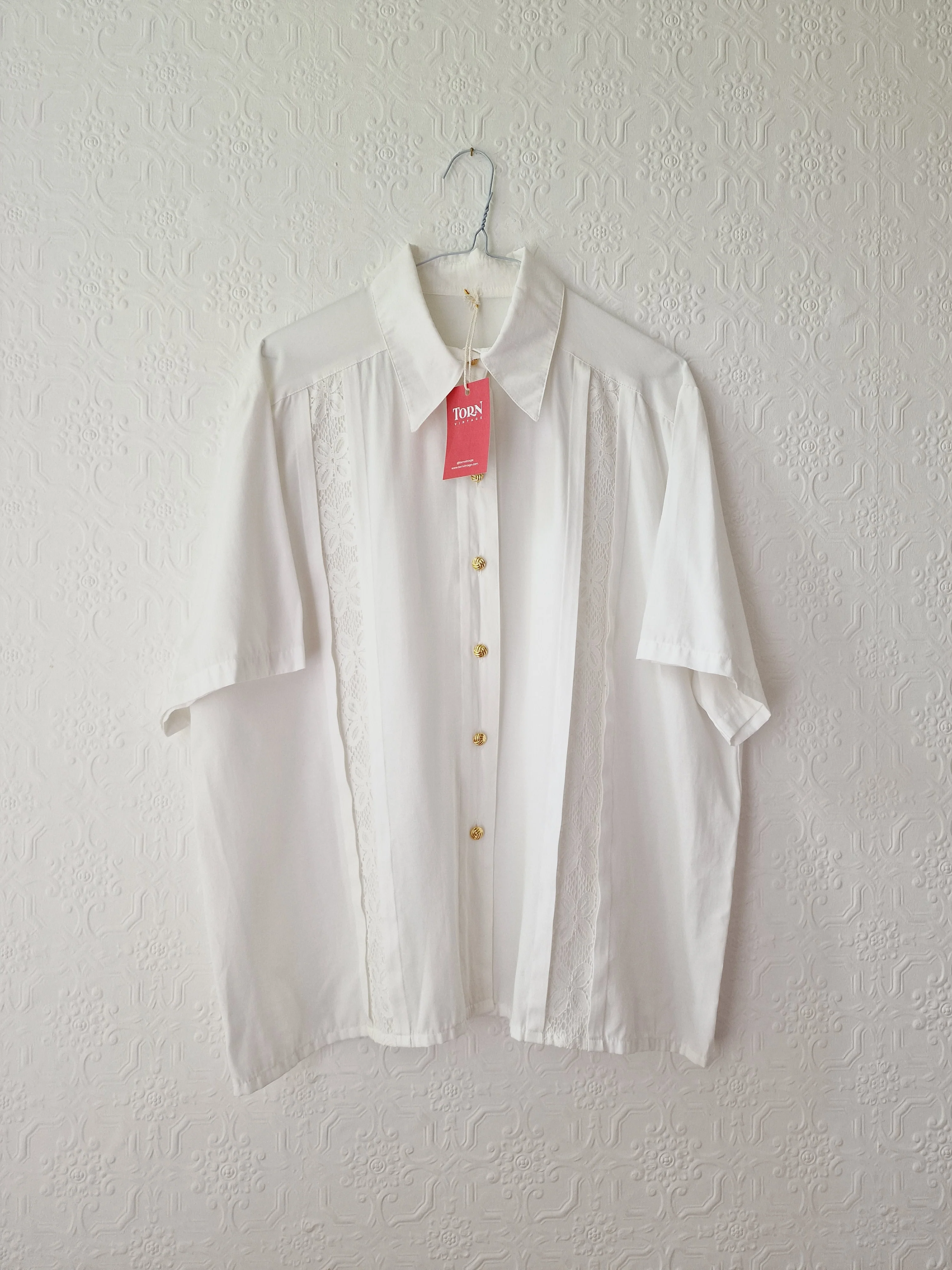 Vintage 80s White Soft Blouse with Lace Details - L/XL - Image 8