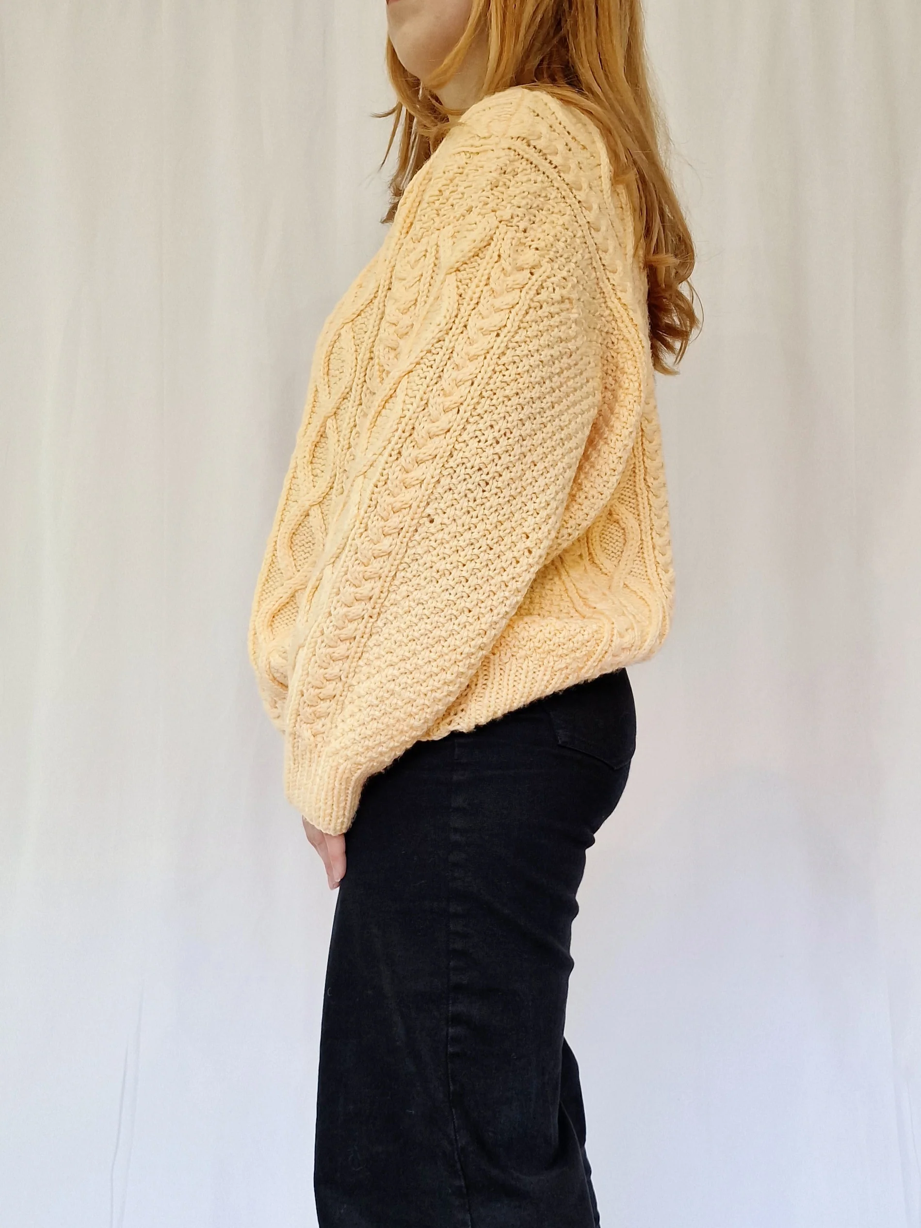 Vintage 80s Yellow Aran Style Cable Knit Jumper with Crew Neck - L - Image 2