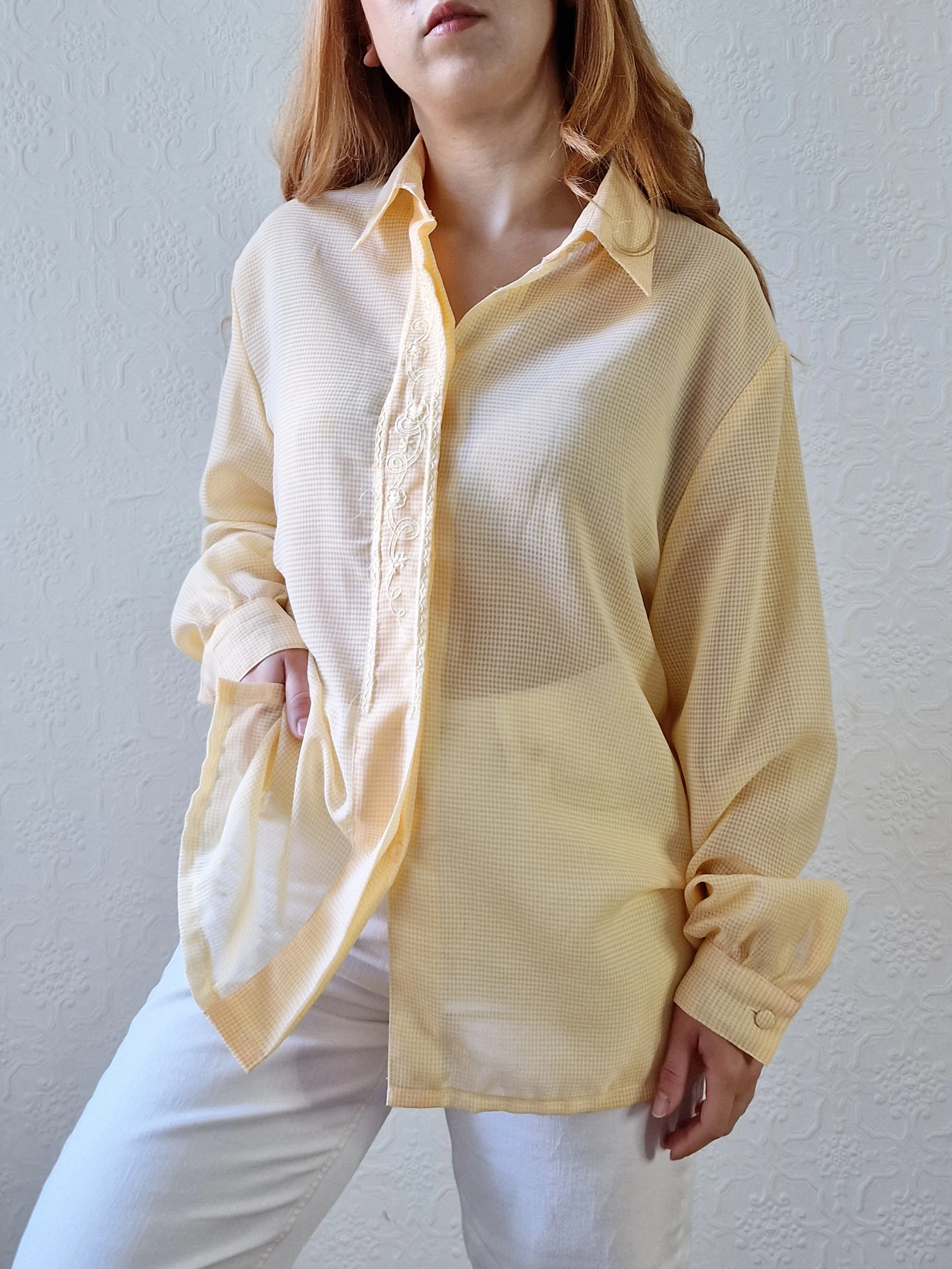 Vintage 80s Yellow Gingham Long Sleeve Blouse With Embroidery - L - Image 2