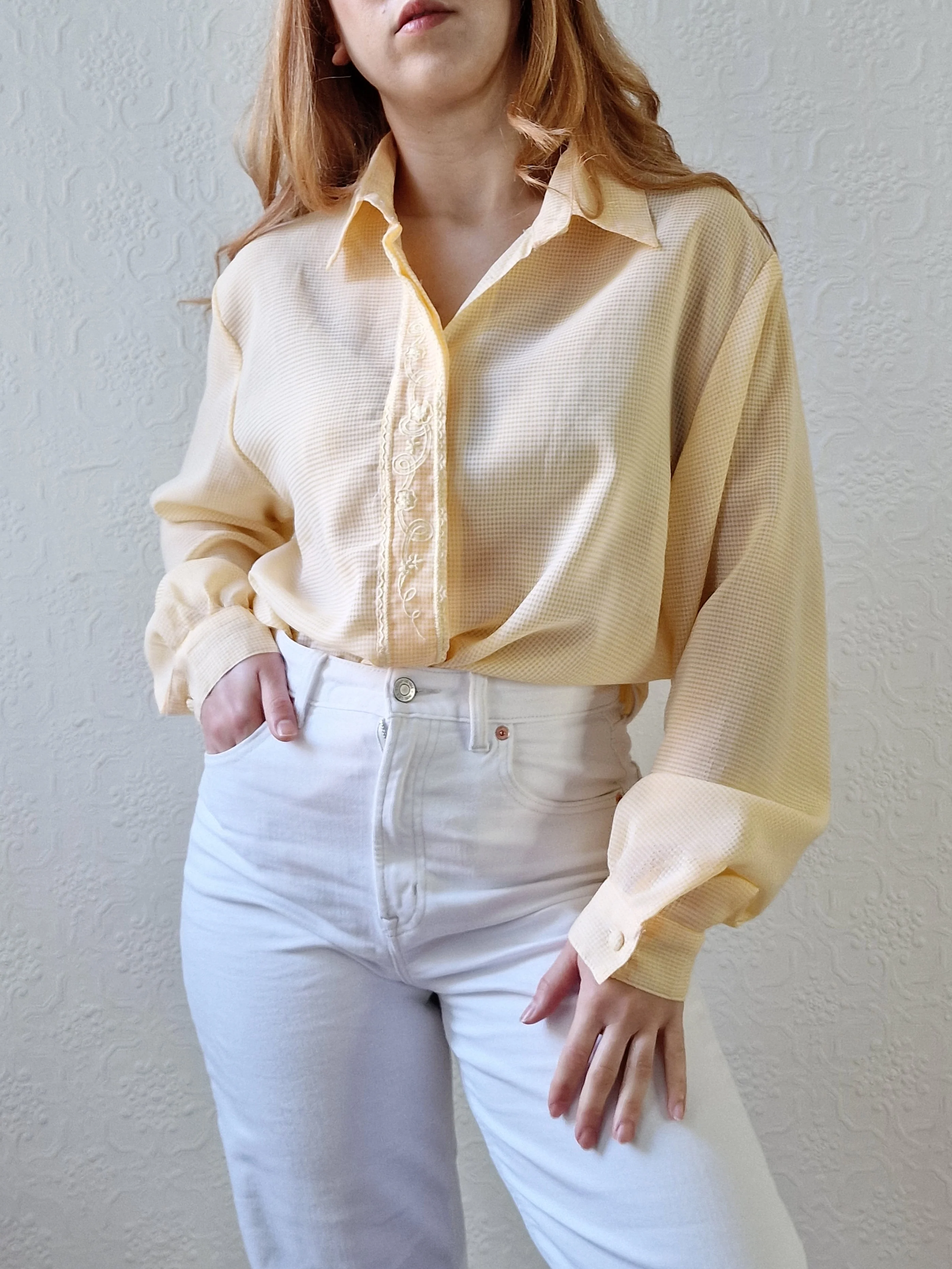Vintage 80s Yellow Gingham Long Sleeve Blouse With Embroidery - L - Image 3