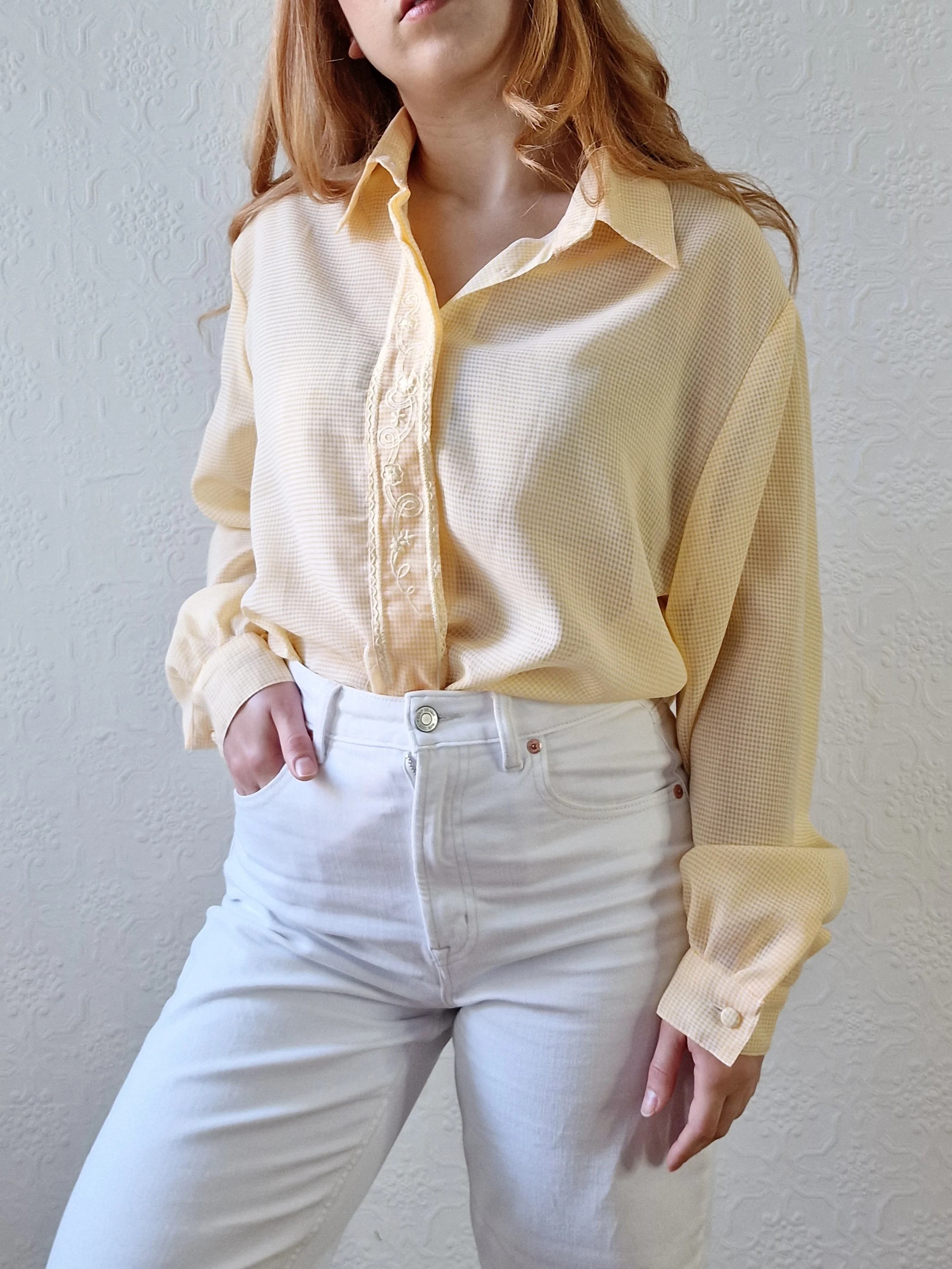 Vintage 80s Yellow Gingham Long Sleeve Blouse With Embroidery - L - Image 4