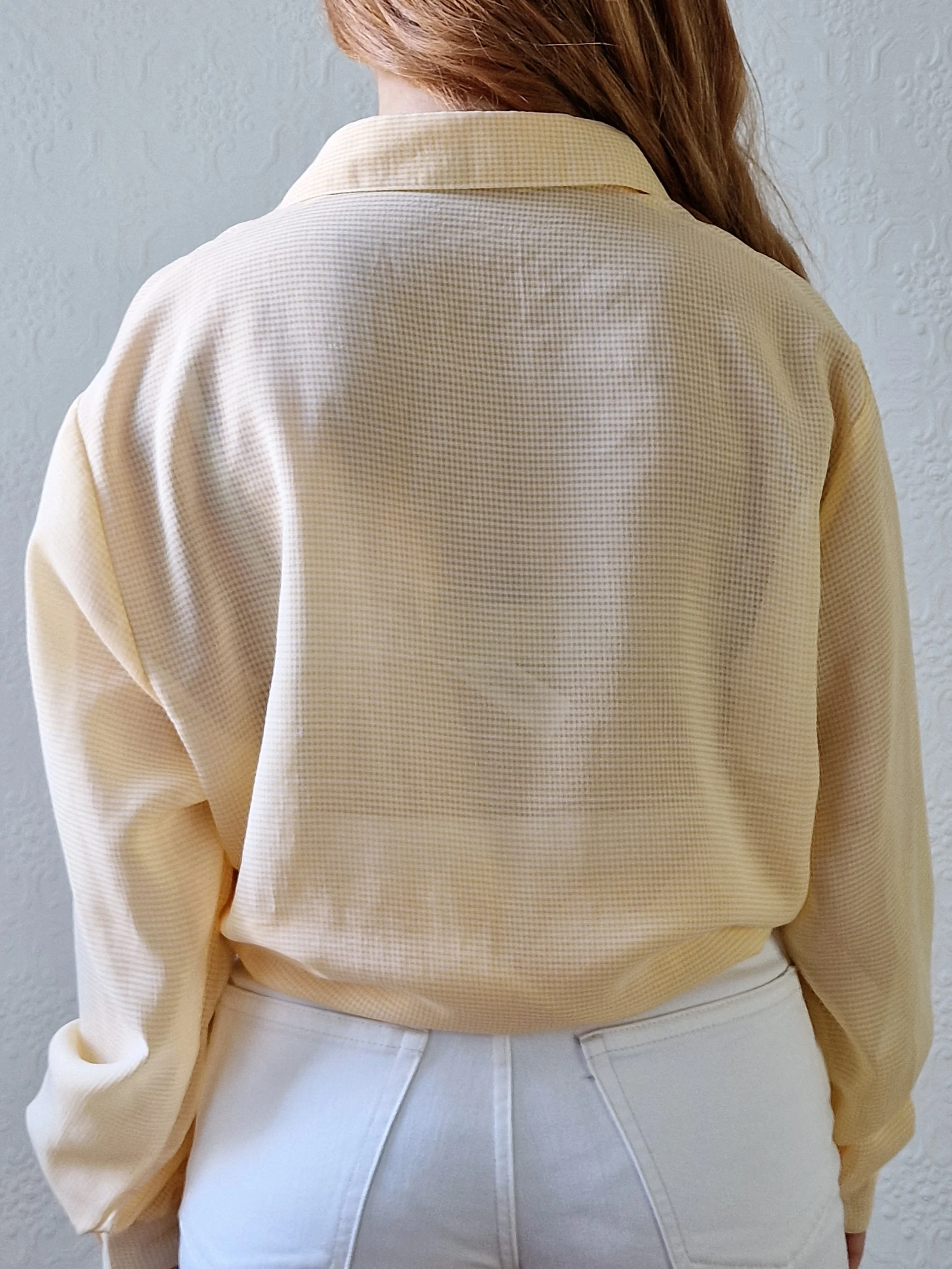 Vintage 80s Yellow Gingham Long Sleeve Blouse With Embroidery - L - Image 5