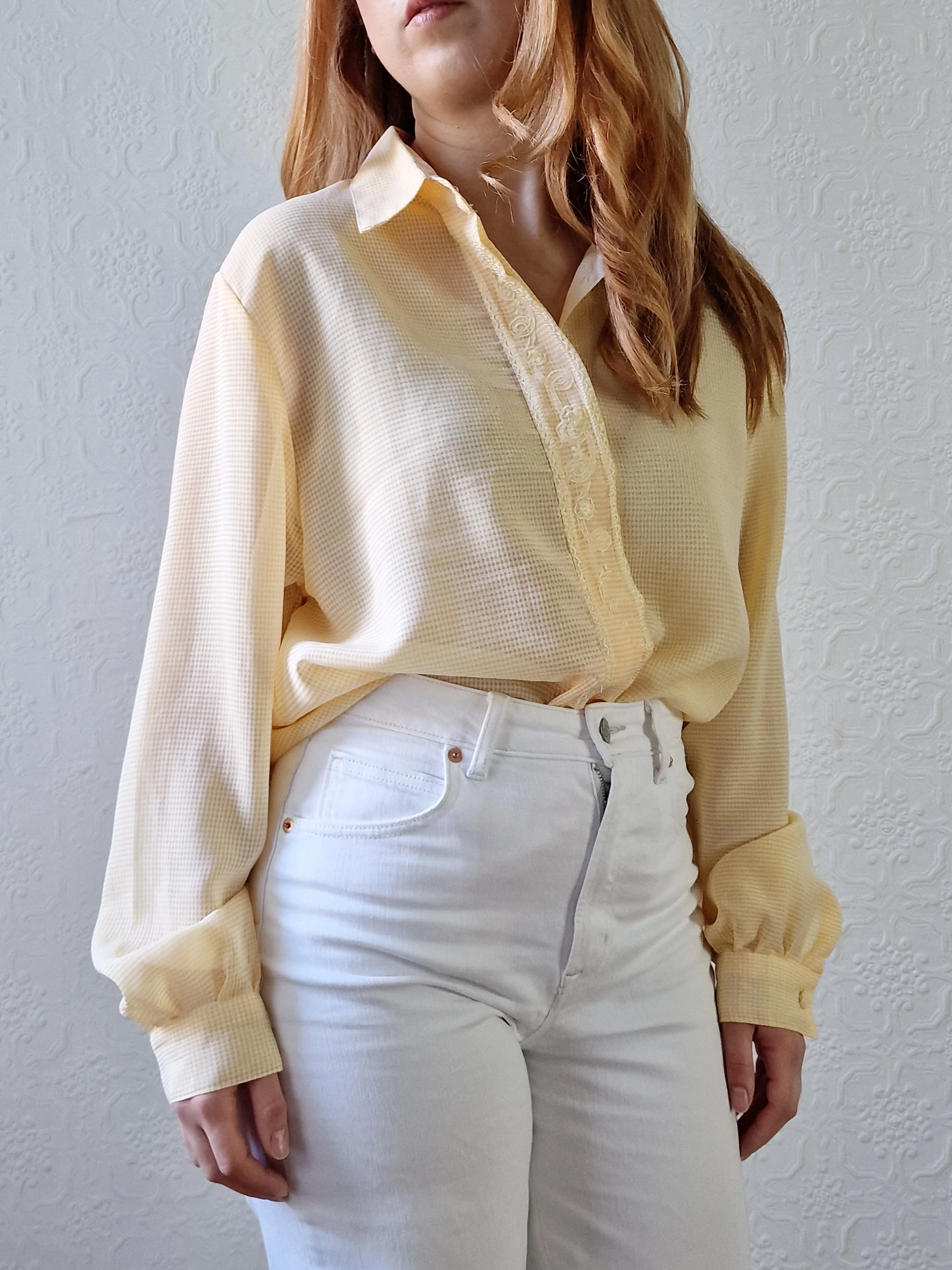 Vintage 80s Yellow Gingham Long Sleeve Blouse With Embroidery - L - Image 6