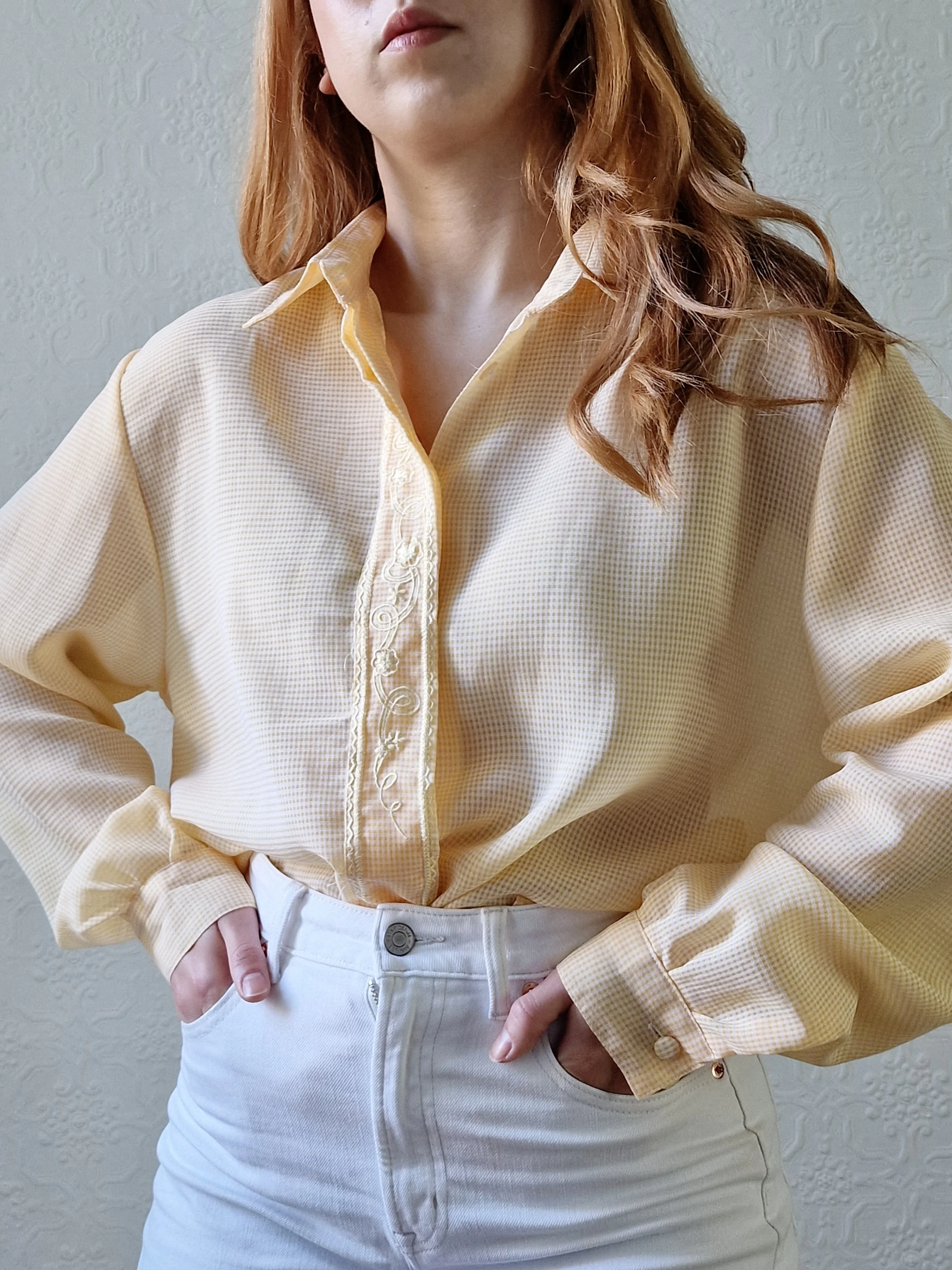 Vintage 80s Yellow Gingham Long Sleeve Blouse With Embroidery - L - Image 7