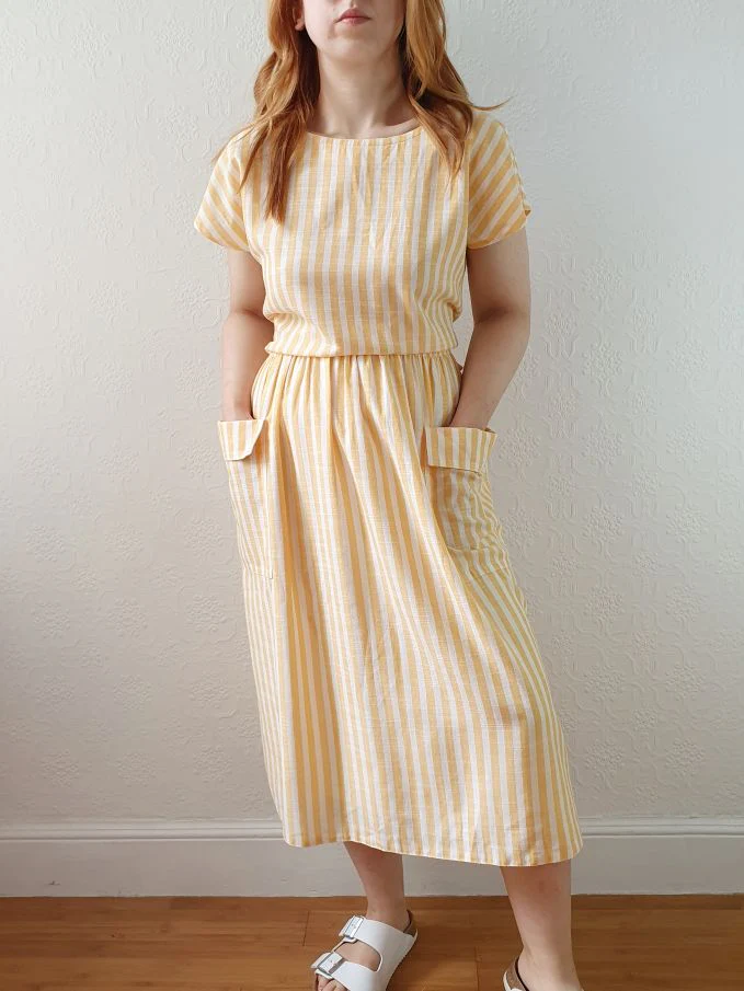 Vintage 80s Yellow & White Striped Dress with Criss Cross Back - L