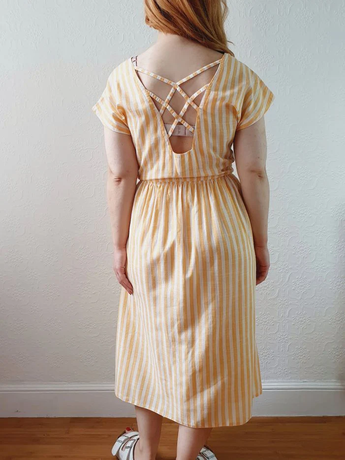 Vintage 80s Yellow & White Striped Dress with Criss Cross Back - L - Image 2