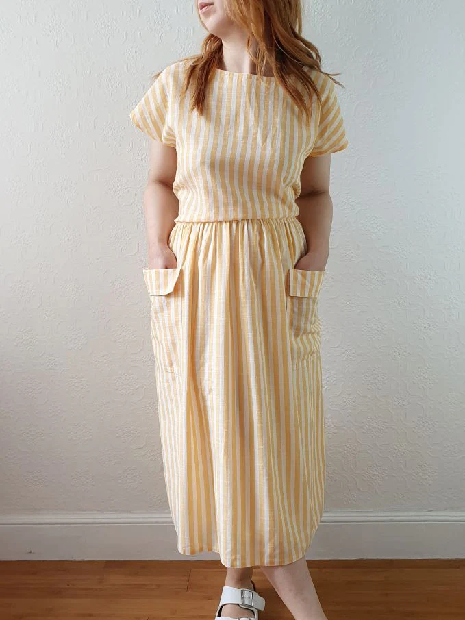 Vintage 80s Yellow & White Striped Dress with Criss Cross Back - L - Image 3