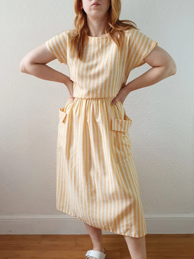 Vintage 80s Yellow & White Striped Dress with Criss Cross Back - L - Image 4