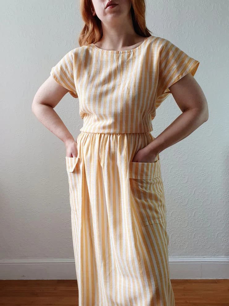 Vintage 80s Yellow & White Striped Dress with Criss Cross Back - L - Image 5