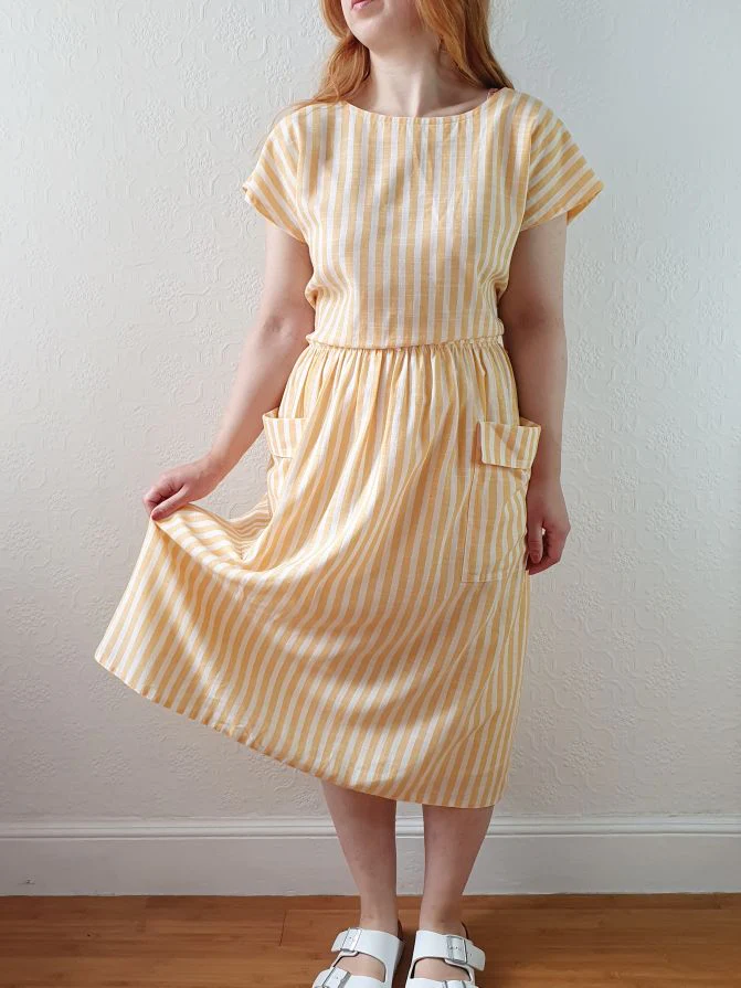 Vintage 80s Yellow & White Striped Dress with Criss Cross Back - L - Image 6