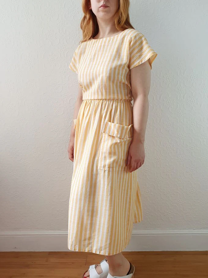 Vintage 80s Yellow & White Striped Dress with Criss Cross Back - L - Image 7