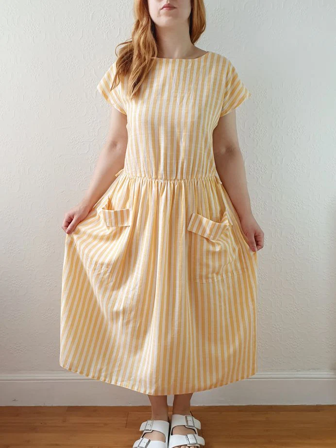 Vintage 80s Yellow & White Striped Dress with Criss Cross Back - L - Image 8