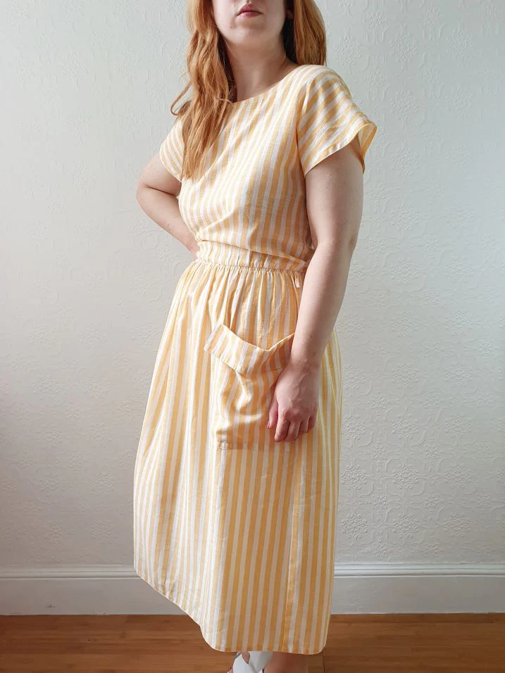 Vintage 80s Yellow & White Striped Dress with Criss Cross Back - L - Image 9