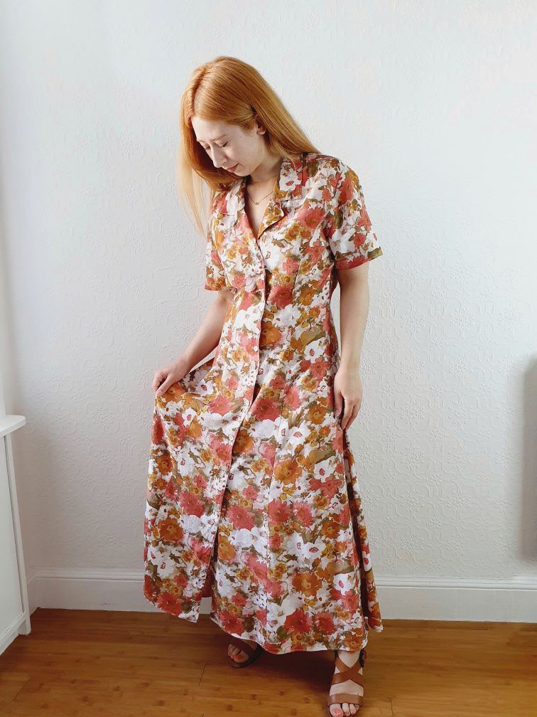 Vintage 90s Autumn Floral Print Dress - S