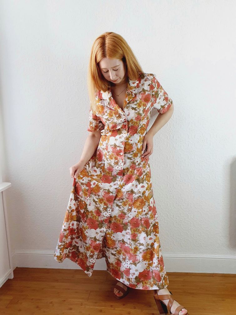 Vintage 90s Autumn Floral Print Dress - S - Image 6