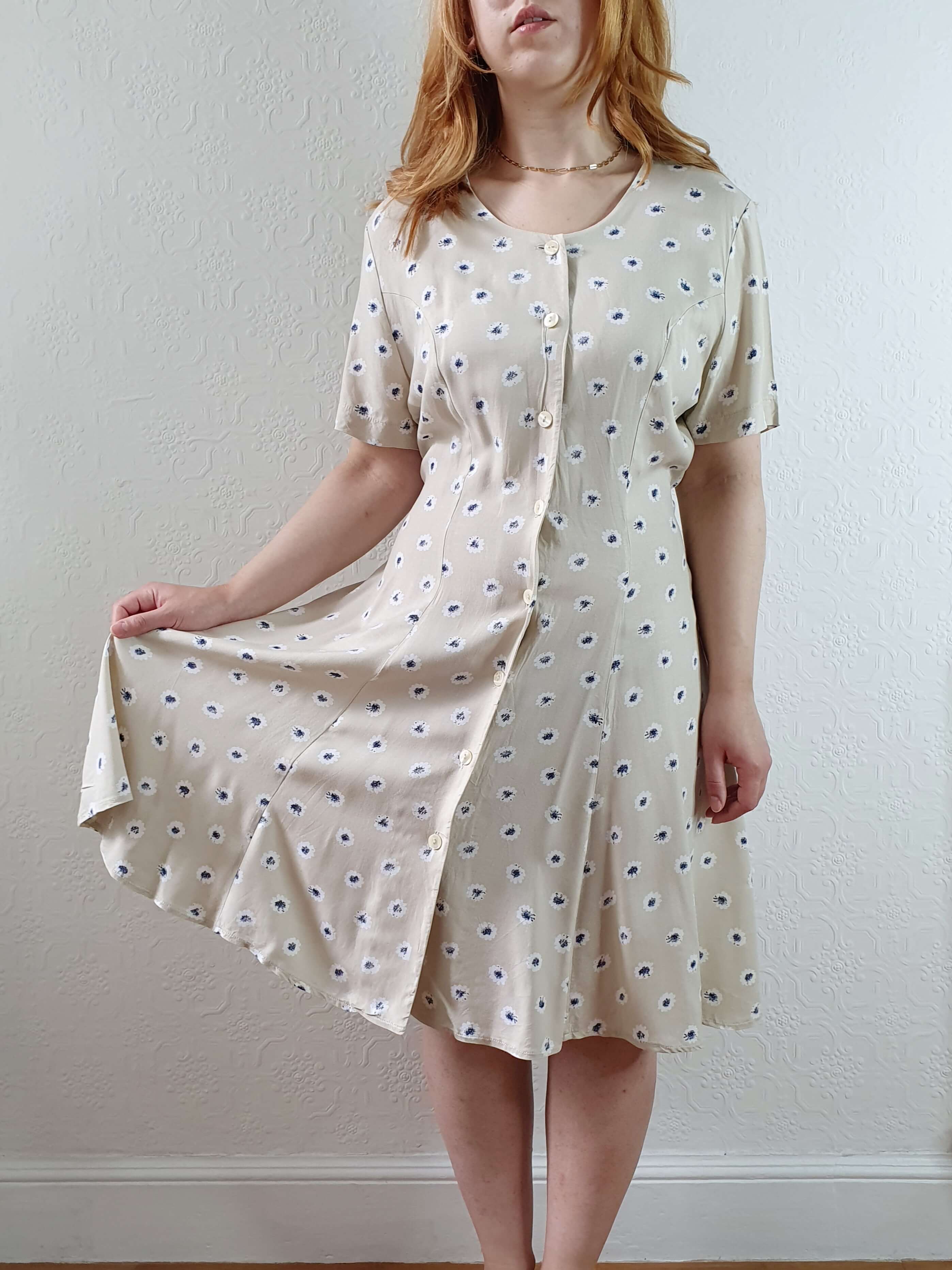Vintage 90s Beige Floral Short Sleeve Dress - S/M