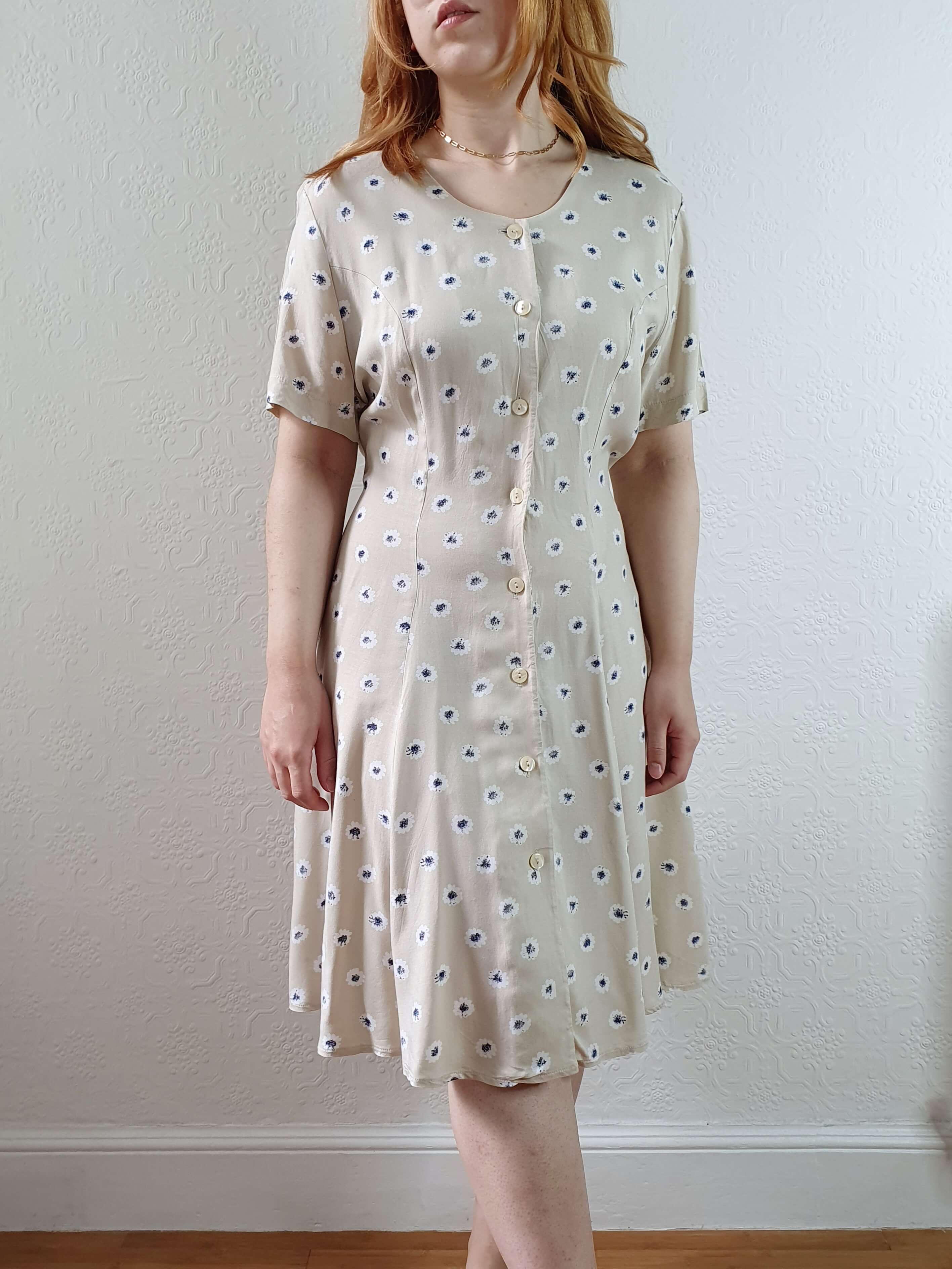 Vintage 90s Beige Floral Short Sleeve Dress - S/M - Image 2