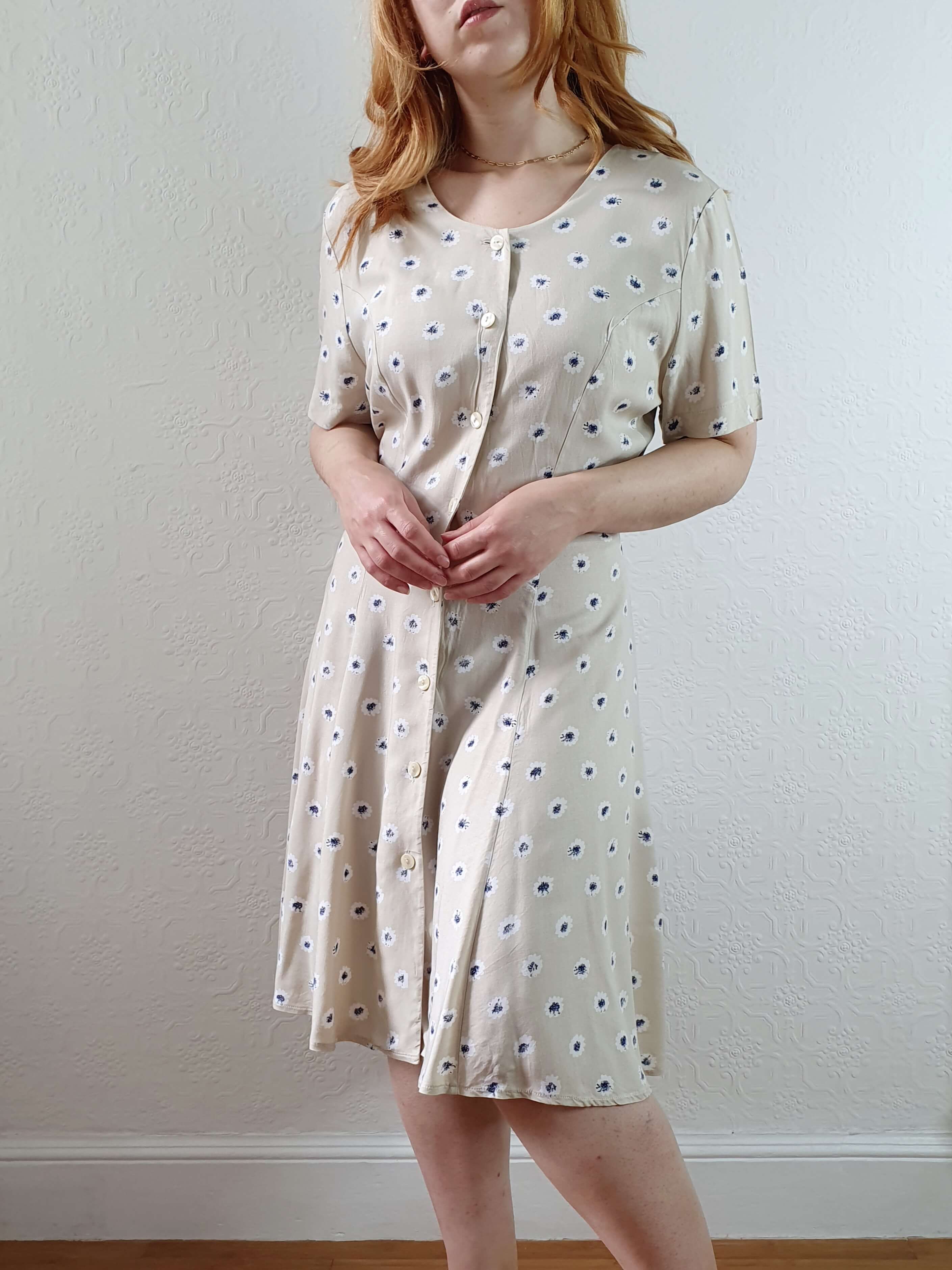 Vintage 90s Beige Floral Short Sleeve Dress - S/M - Image 3