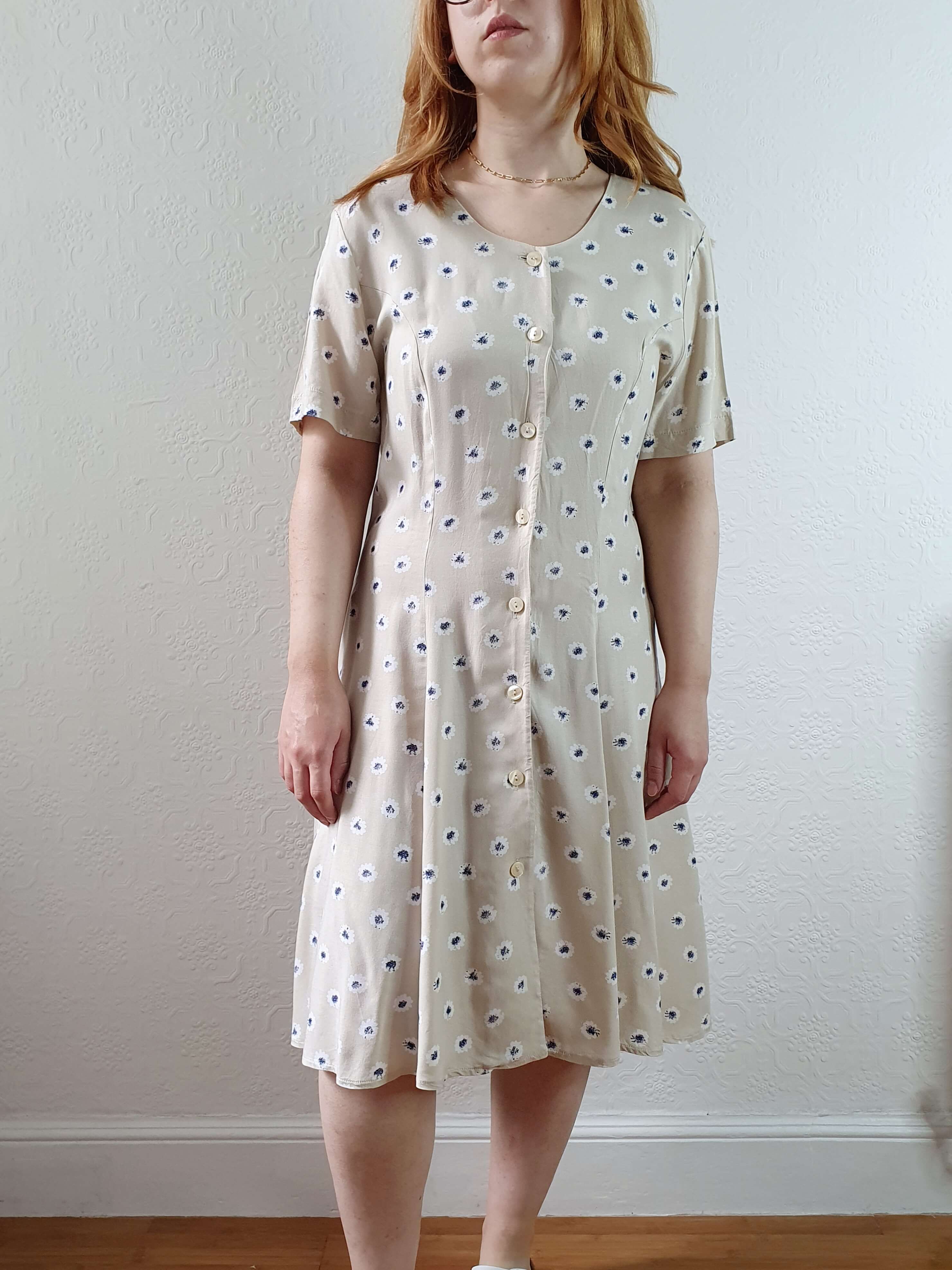 Vintage 90s Beige Floral Short Sleeve Dress - S/M - Image 4