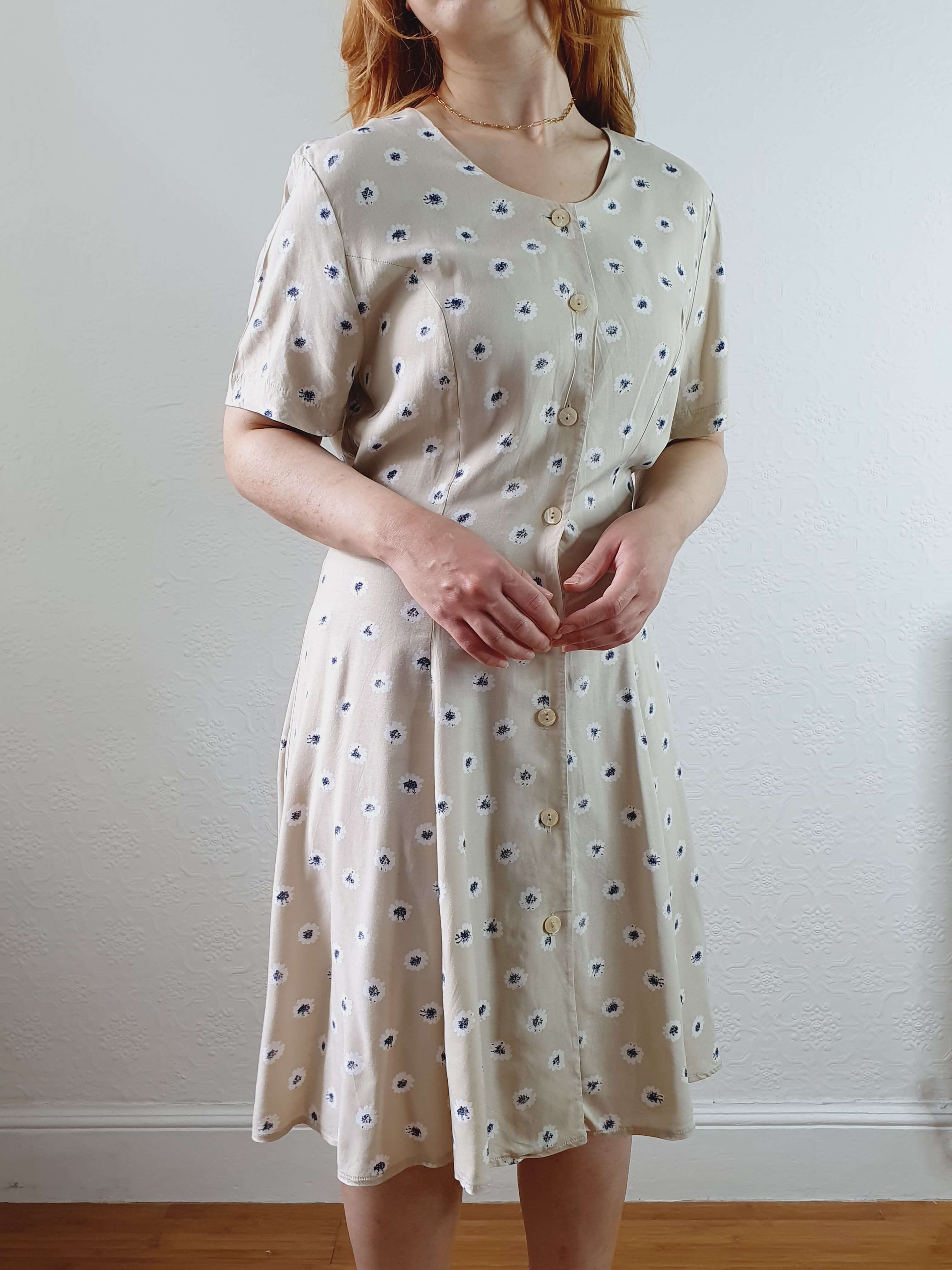 Vintage 90s Beige Floral Short Sleeve Dress - S/M - Image 5