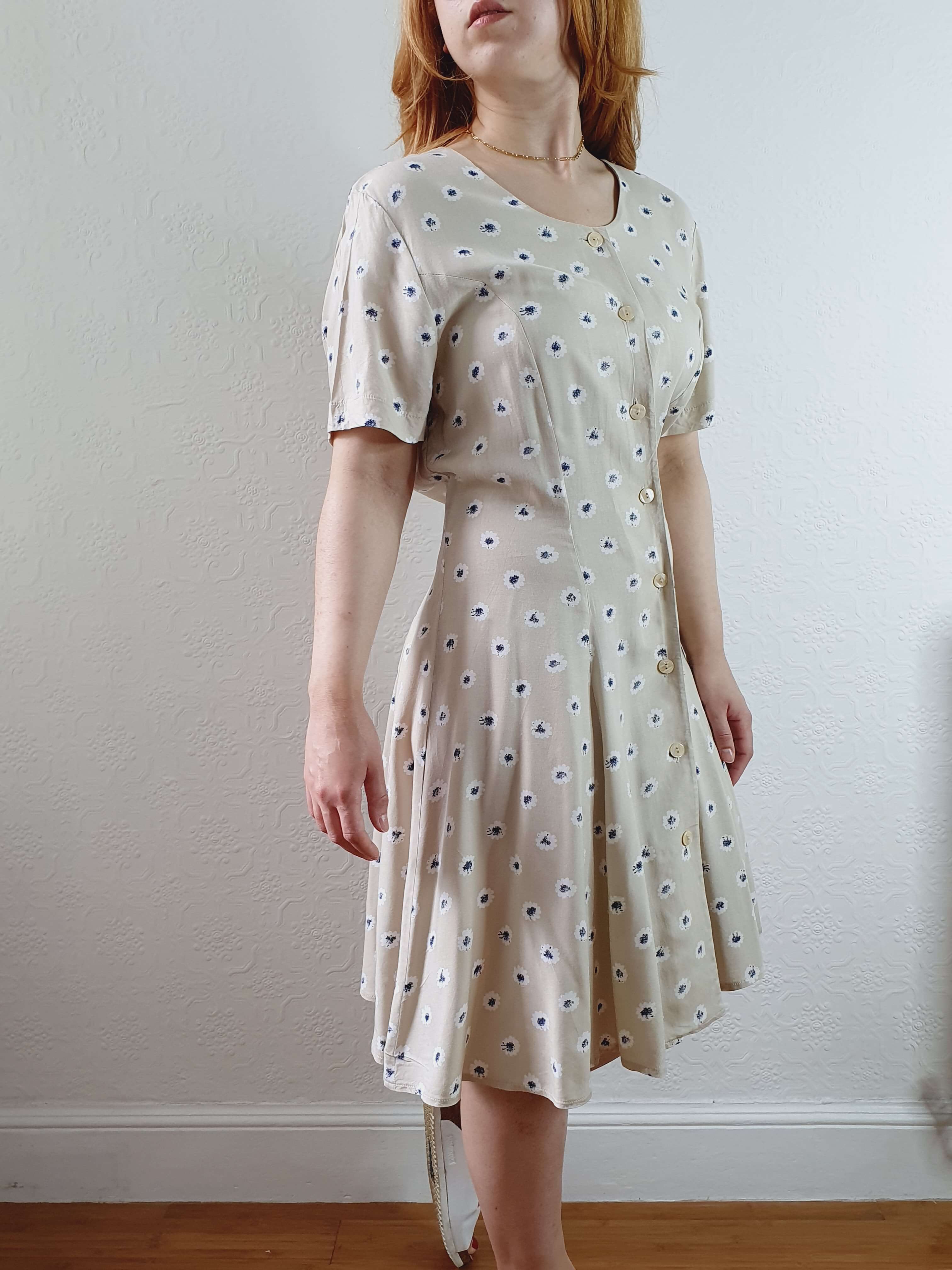 Vintage 90s Beige Floral Short Sleeve Dress - S/M - Image 6