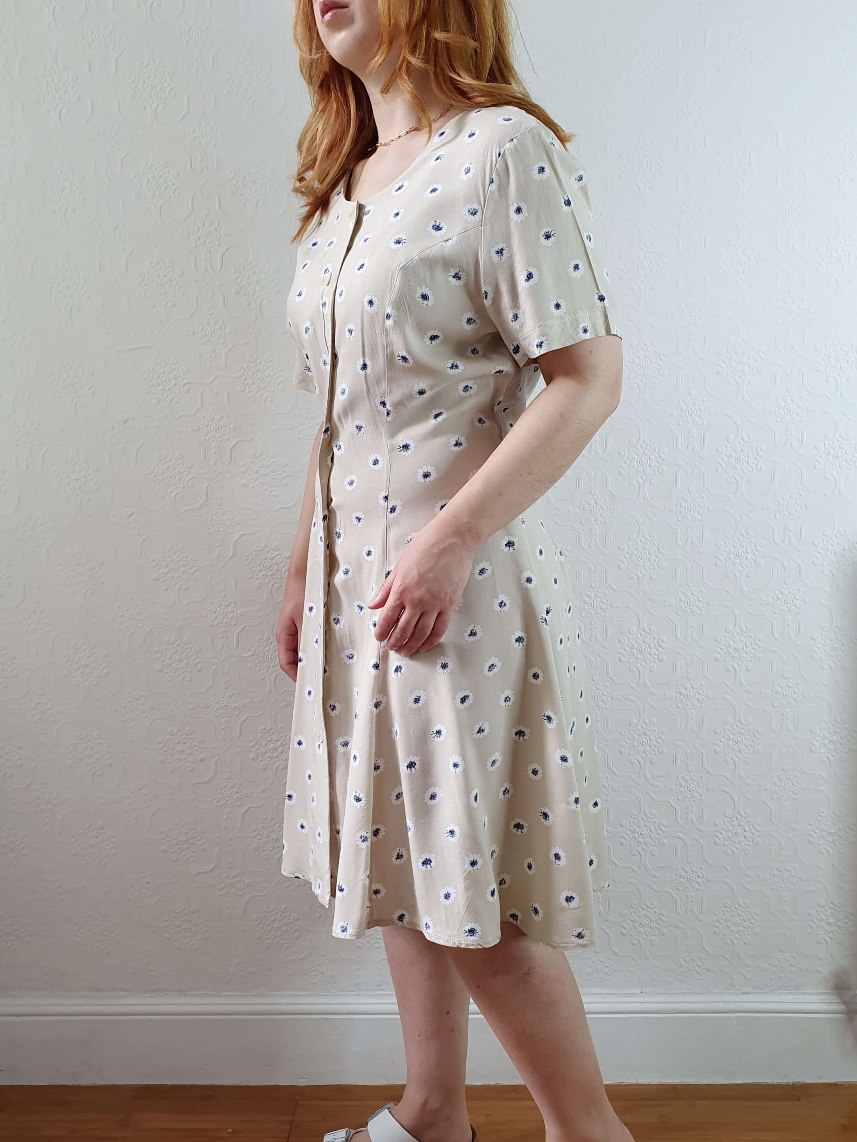 Vintage 90s Beige Floral Short Sleeve Dress - S/M - Image 8