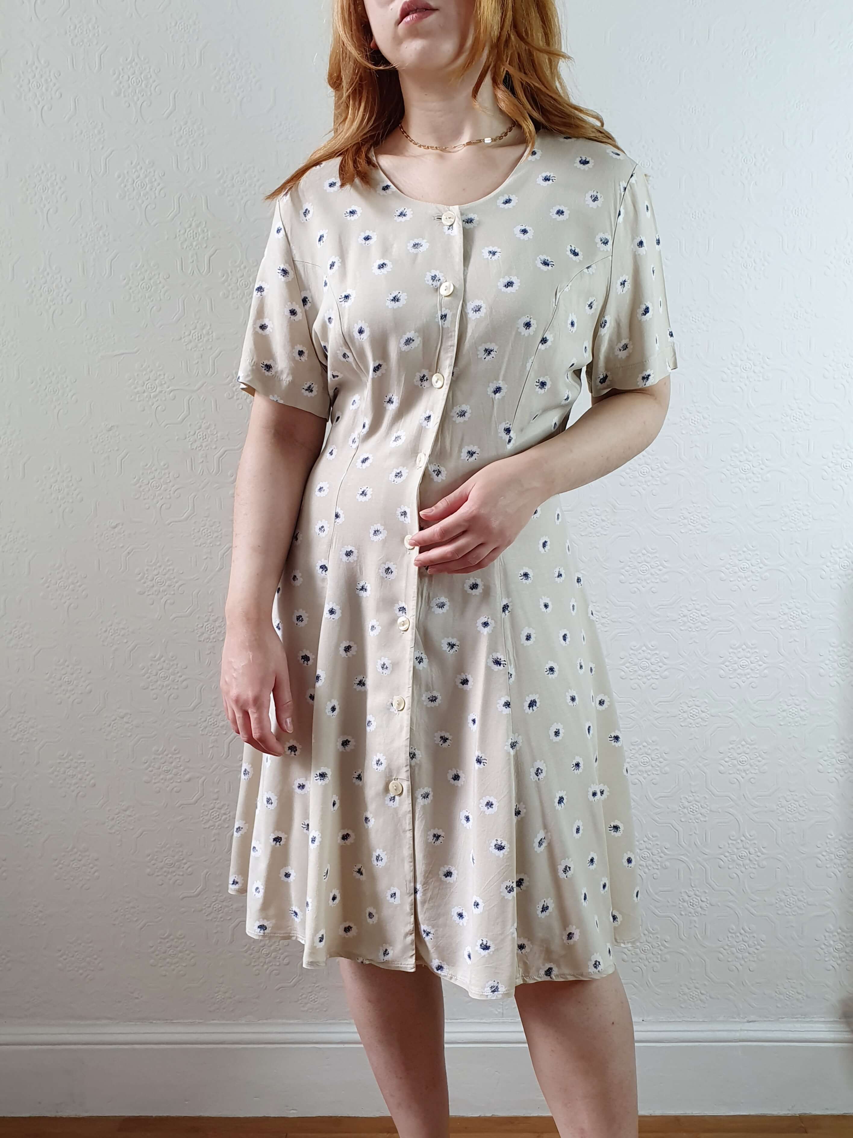Vintage 90s Beige Floral Short Sleeve Dress - S/M - Image 9