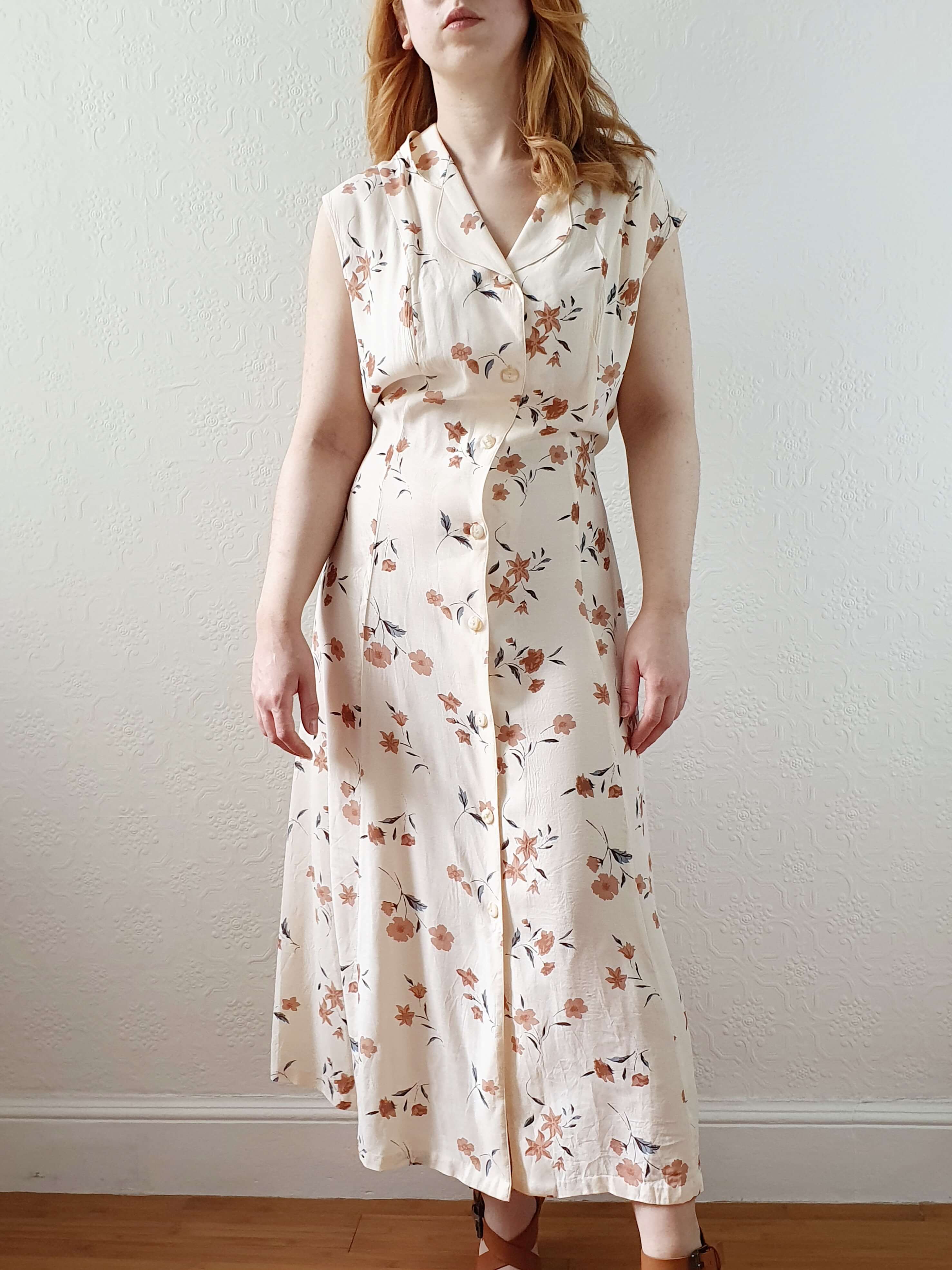 Vintage 90s Beige Floral Sleeveless Dress - L