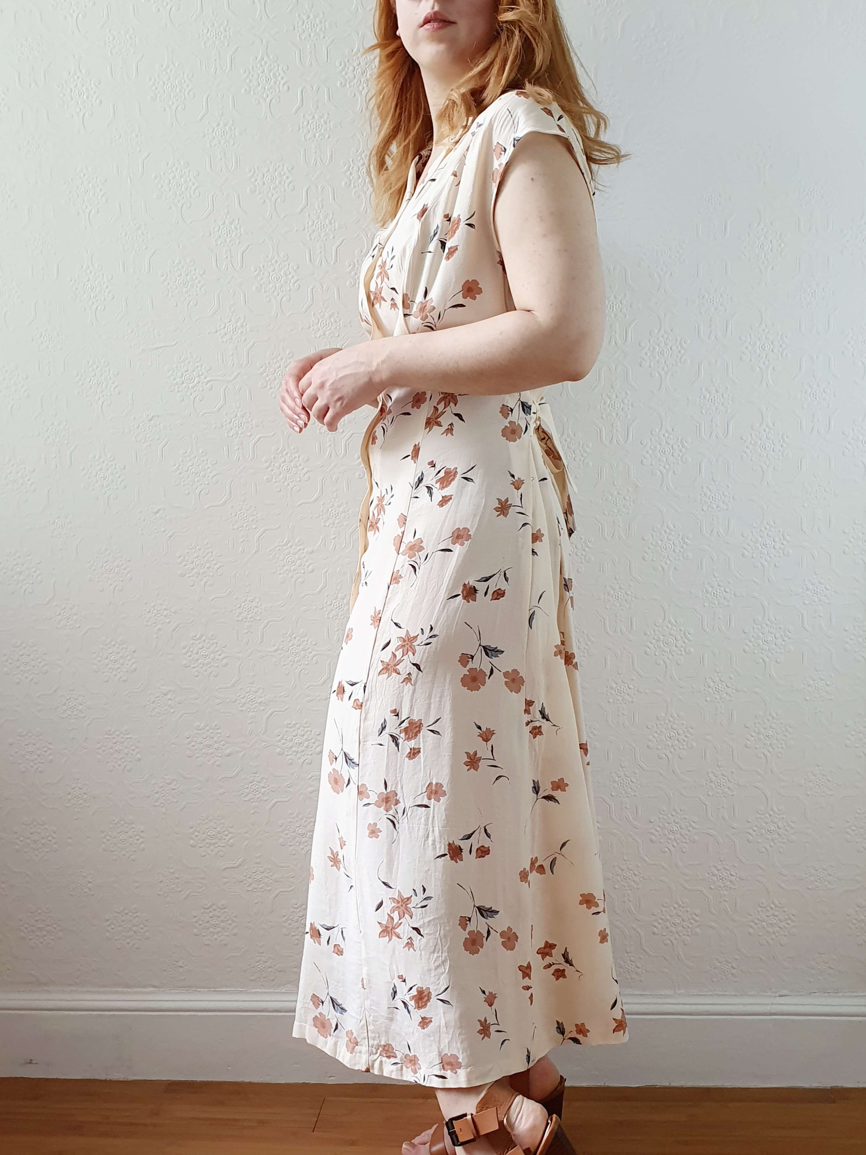 Vintage 90s Beige Floral Sleeveless Dress - L - Image 10