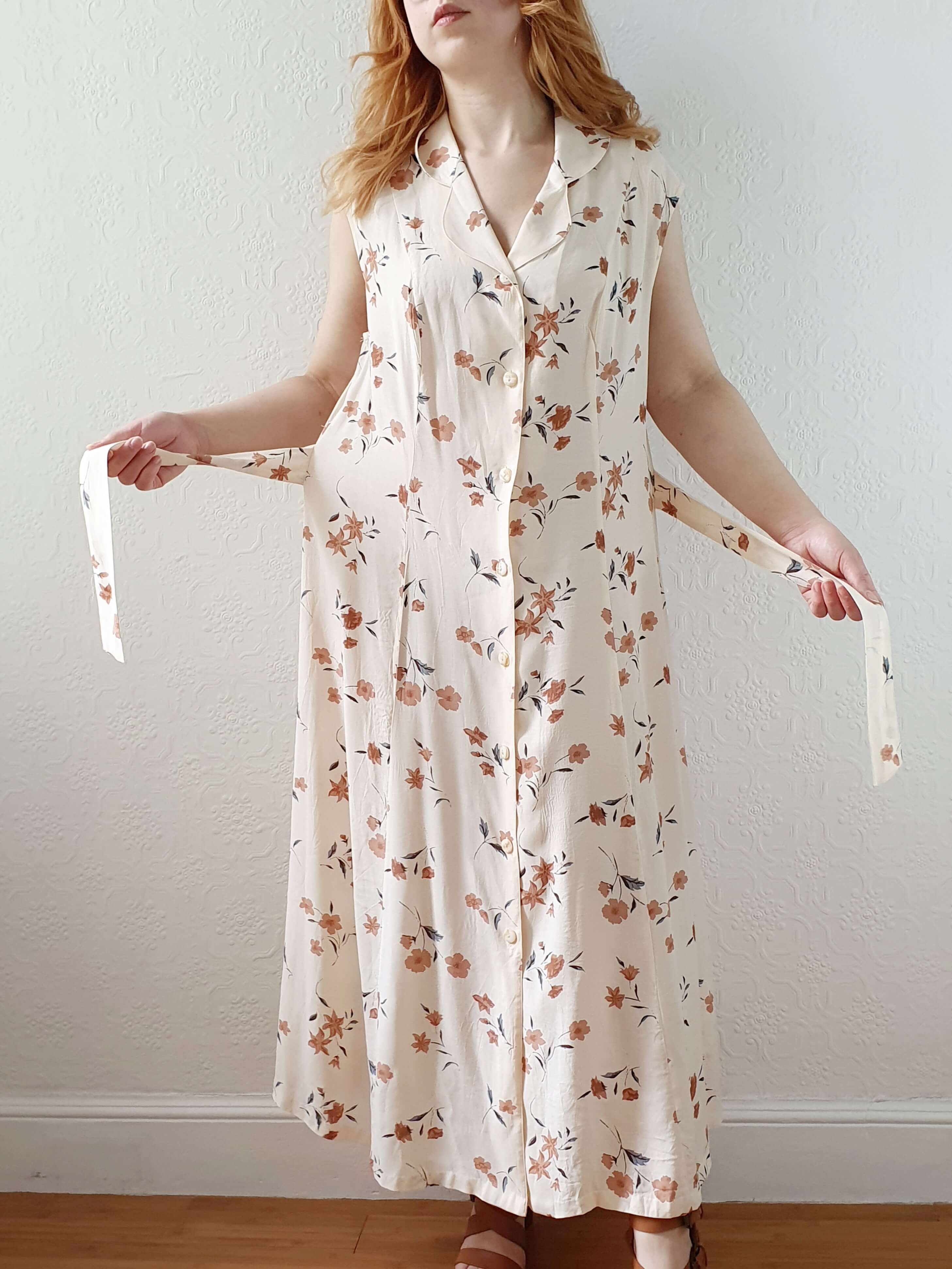 Vintage 90s Beige Floral Sleeveless Dress - L - Image 11