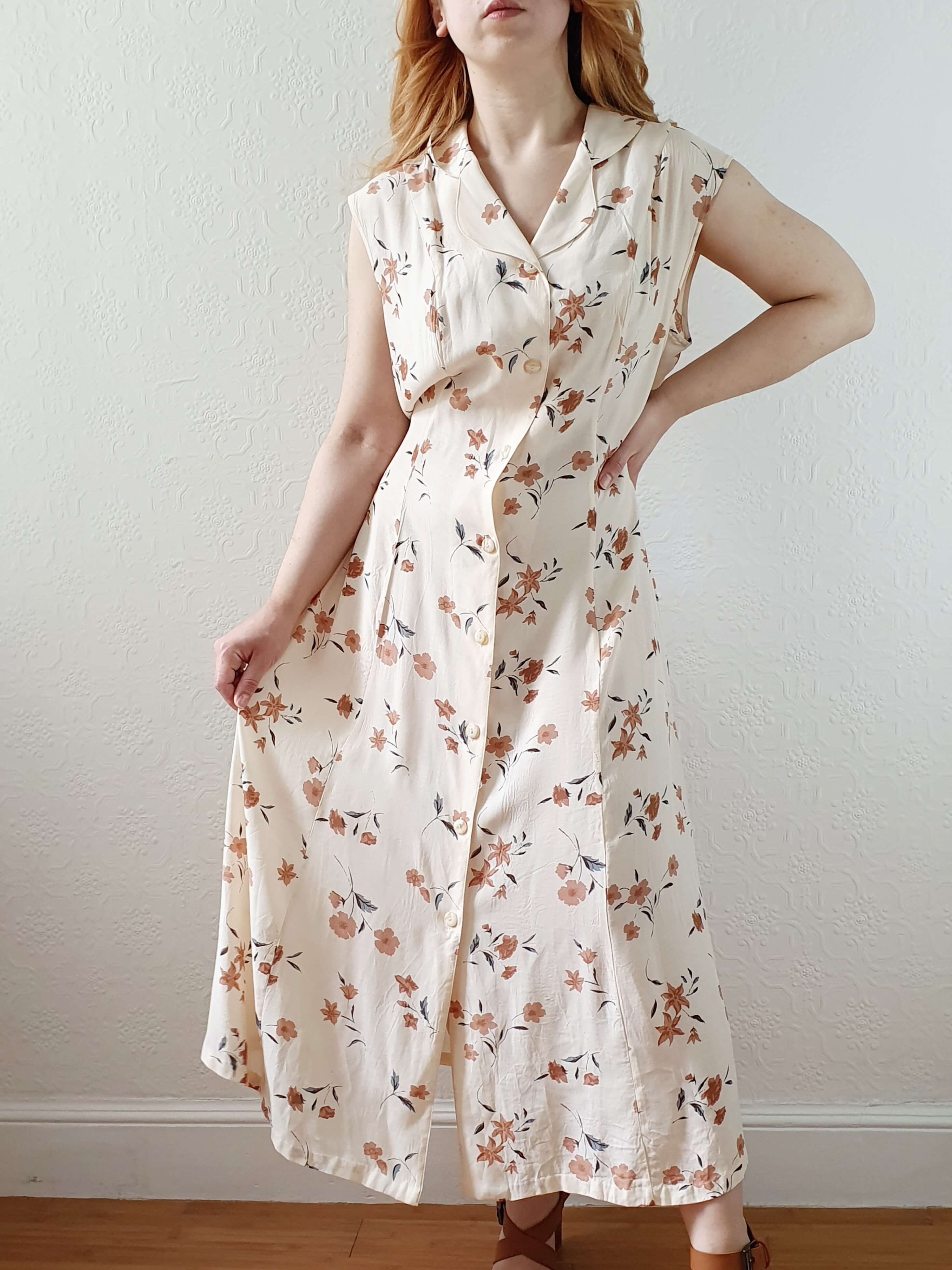 Vintage 90s Beige Floral Sleeveless Dress - L - Image 13