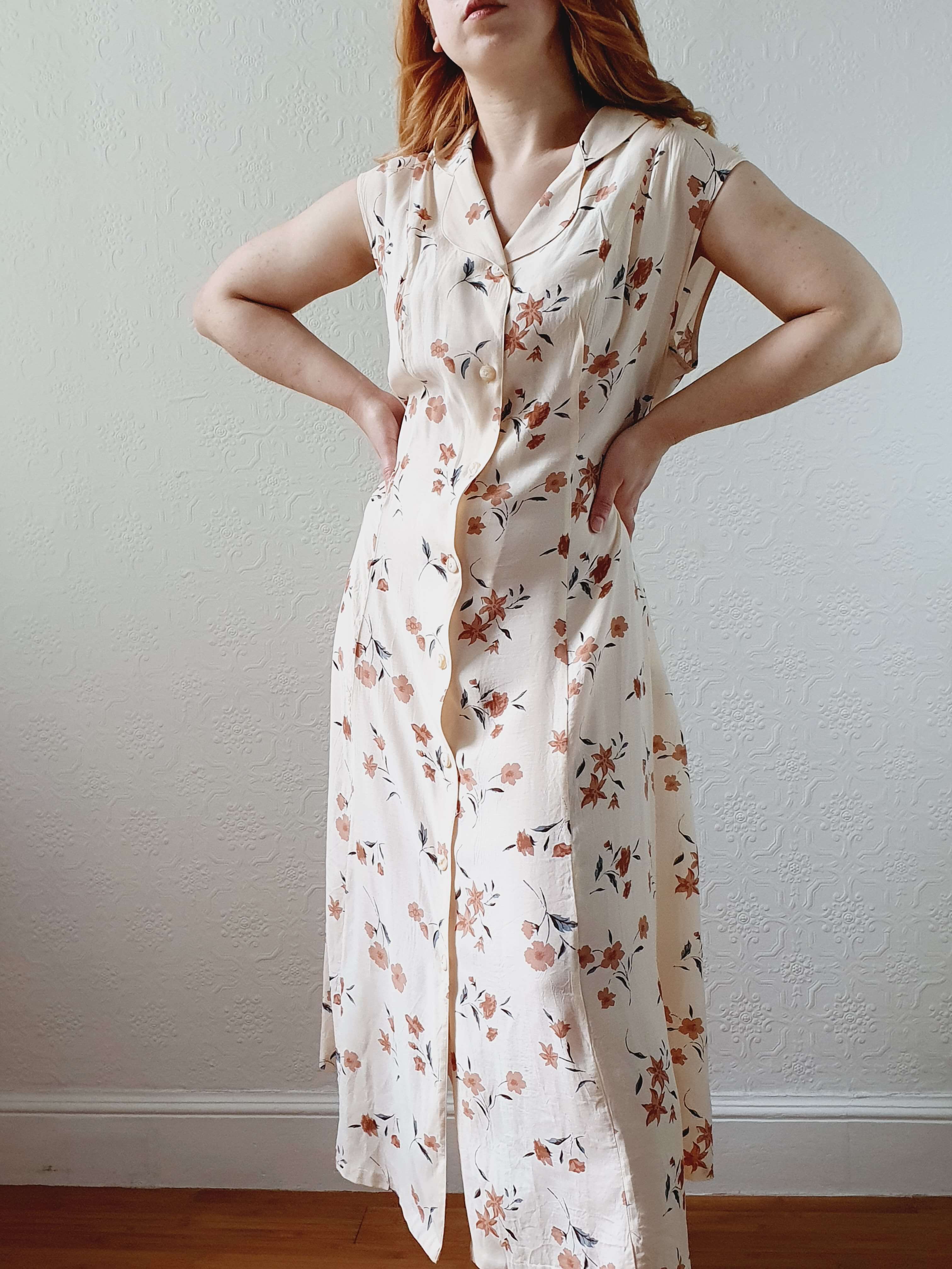 Vintage 90s Beige Floral Sleeveless Dress - L - Image 14