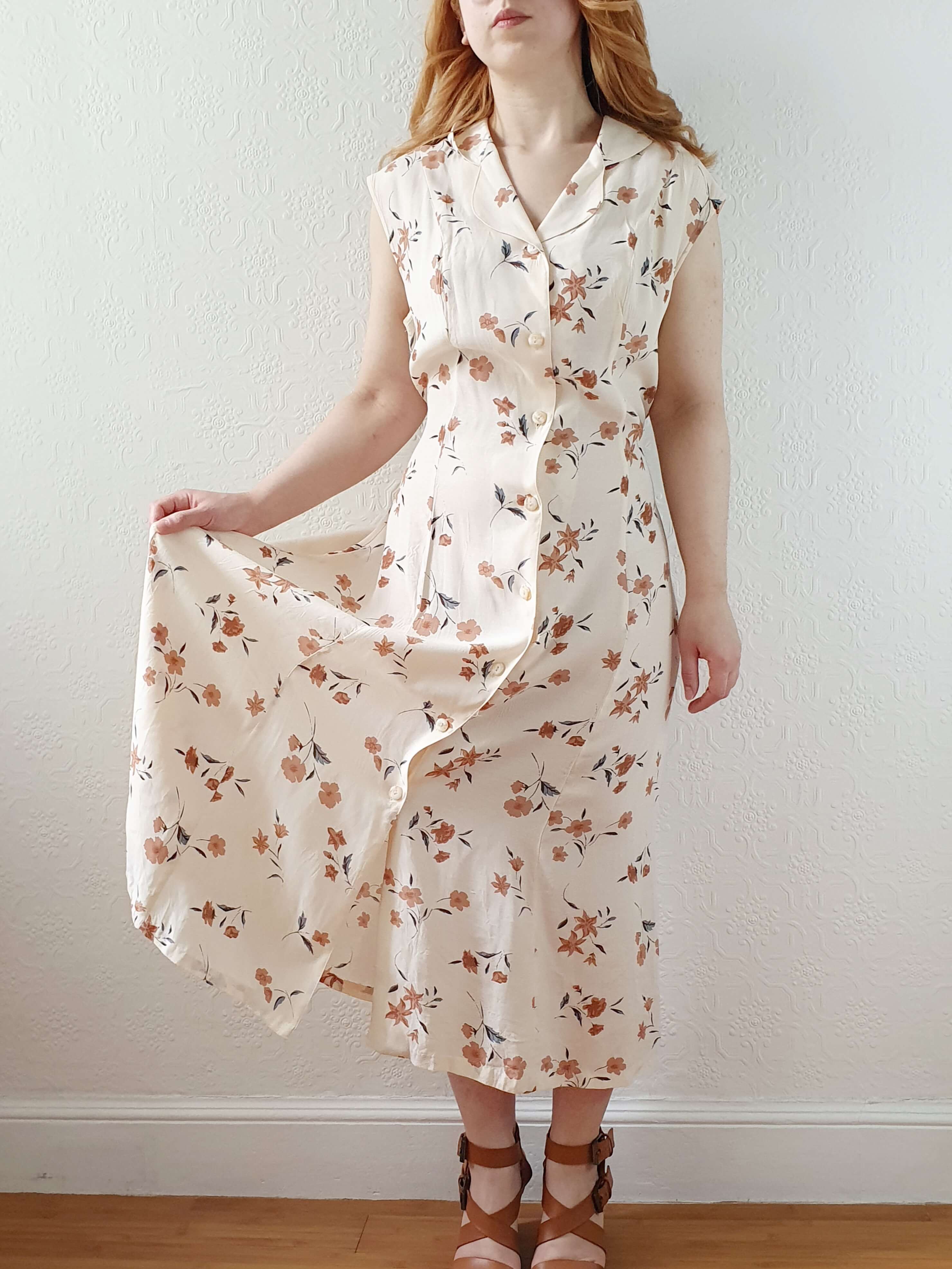 Vintage 90s Beige Floral Sleeveless Dress - L - Image 2