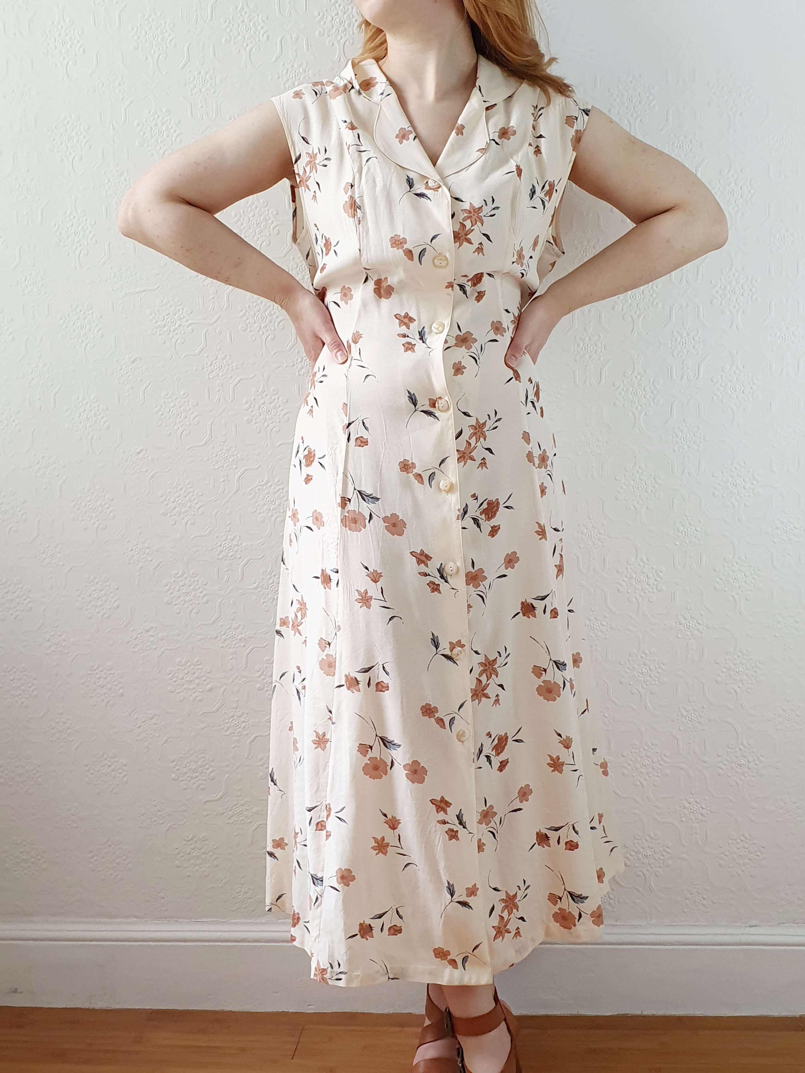 Vintage 90s Beige Floral Sleeveless Dress - L - Image 3