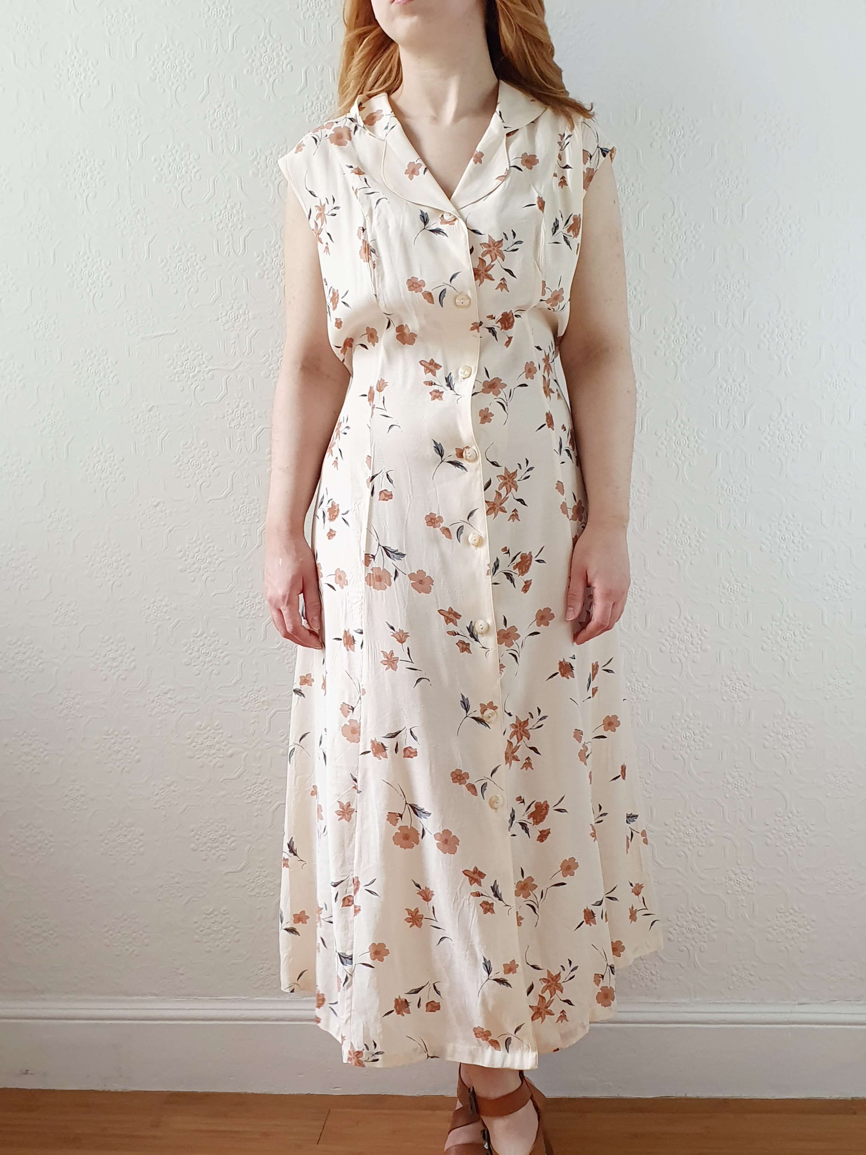 Vintage 90s Beige Floral Sleeveless Dress - L - Image 4
