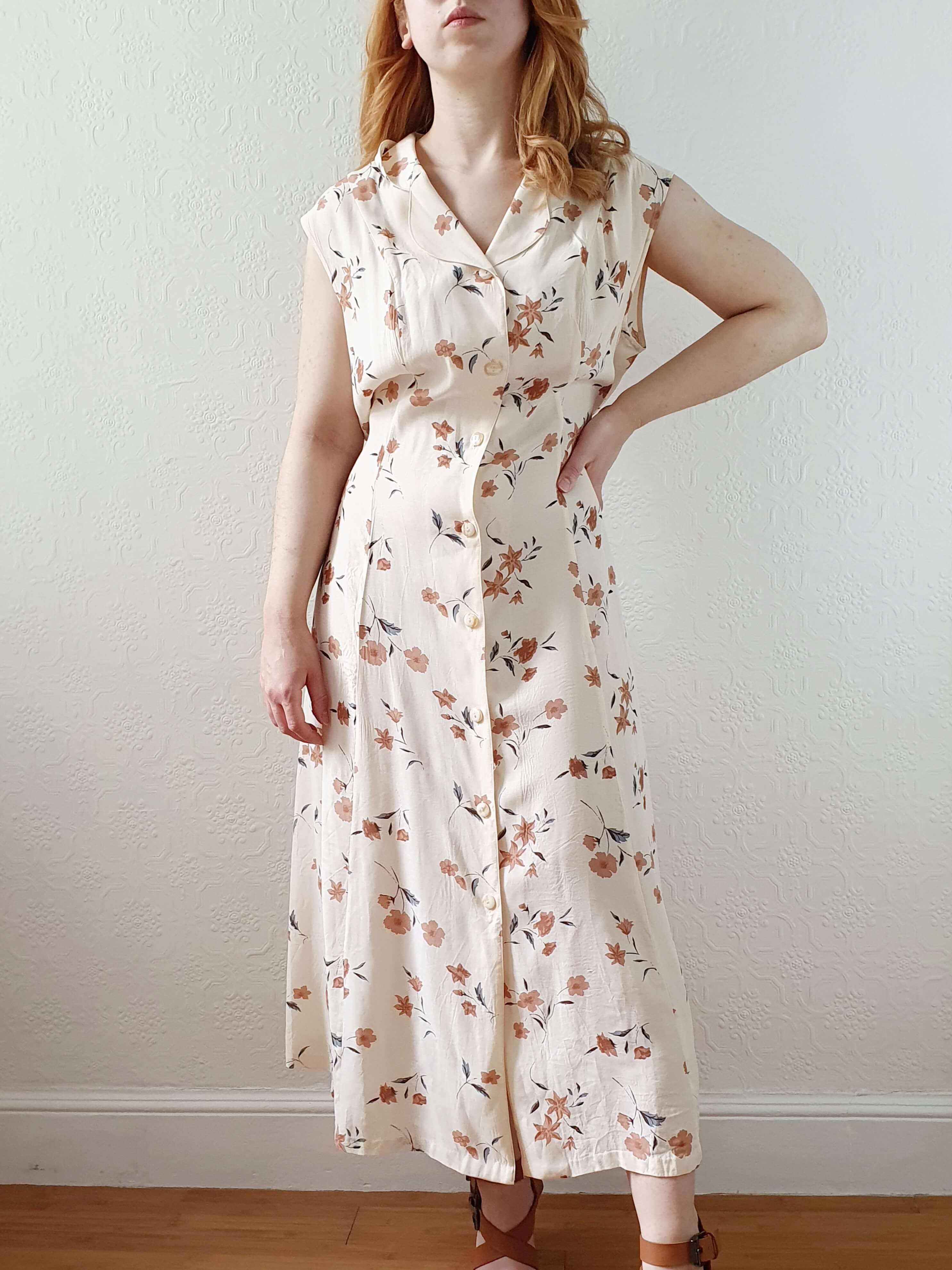 Vintage 90s Beige Floral Sleeveless Dress - L - Image 5