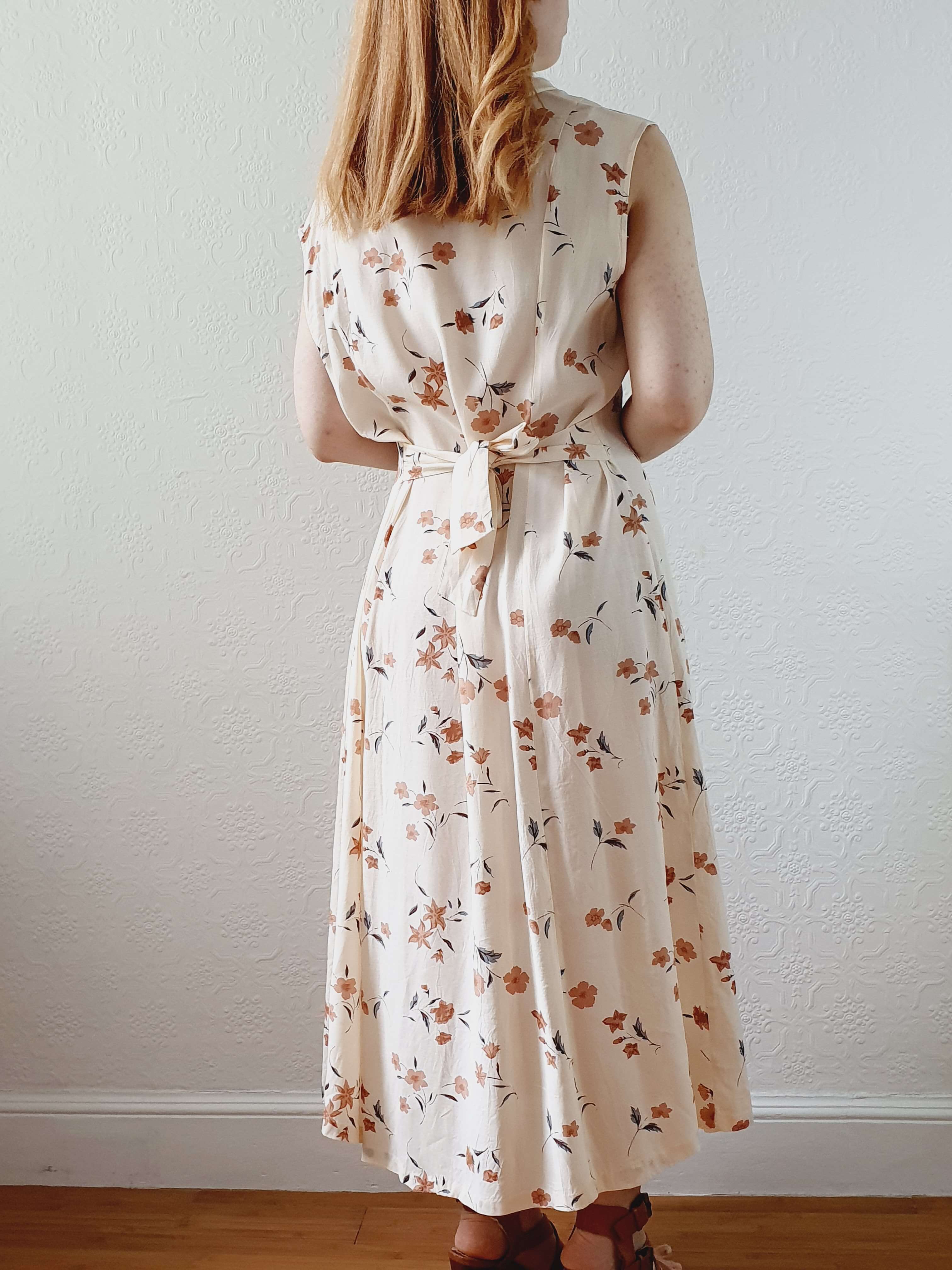 Vintage 90s Beige Floral Sleeveless Dress - L - Image 6