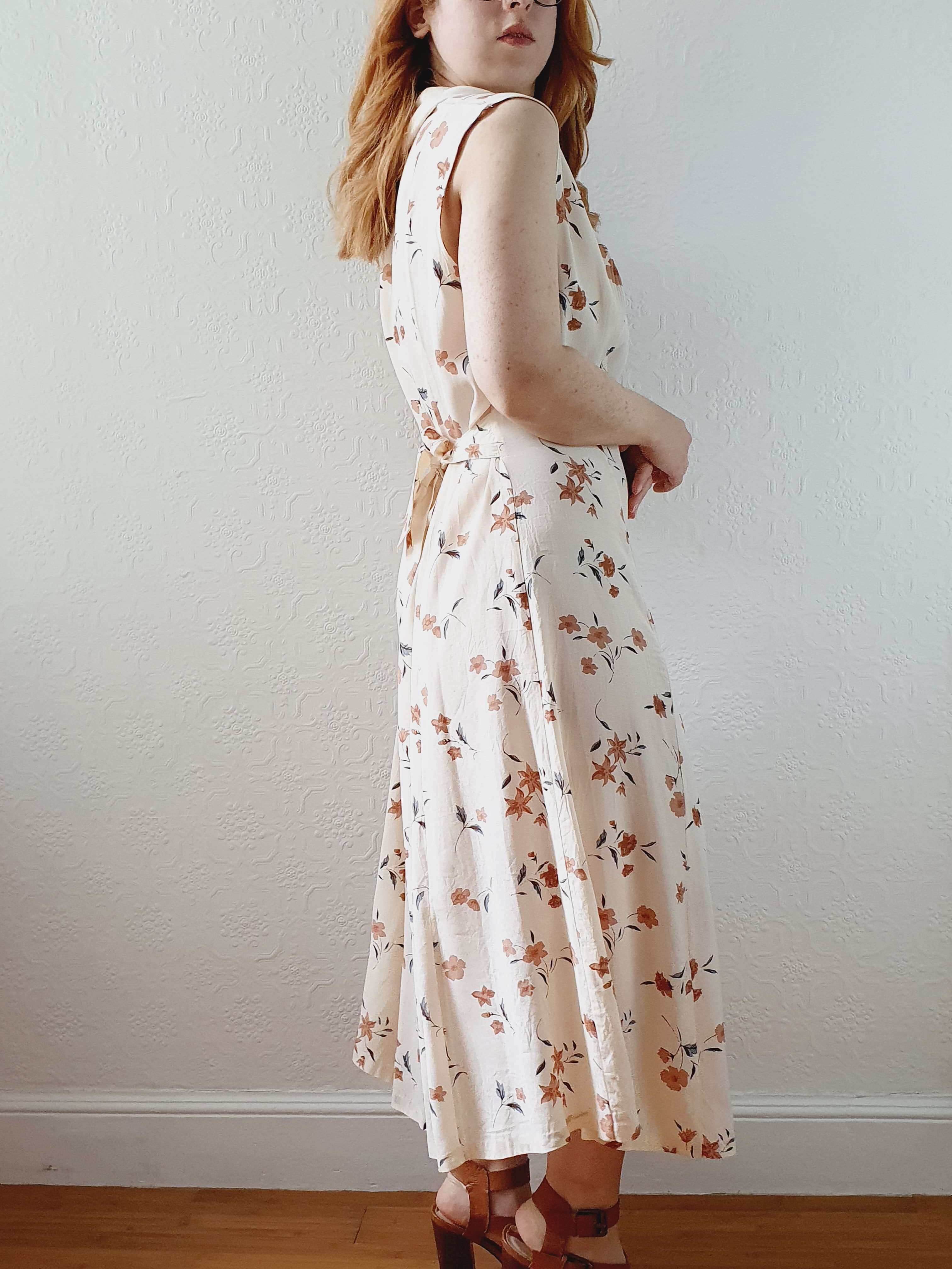 Vintage 90s Beige Floral Sleeveless Dress - L - Image 7