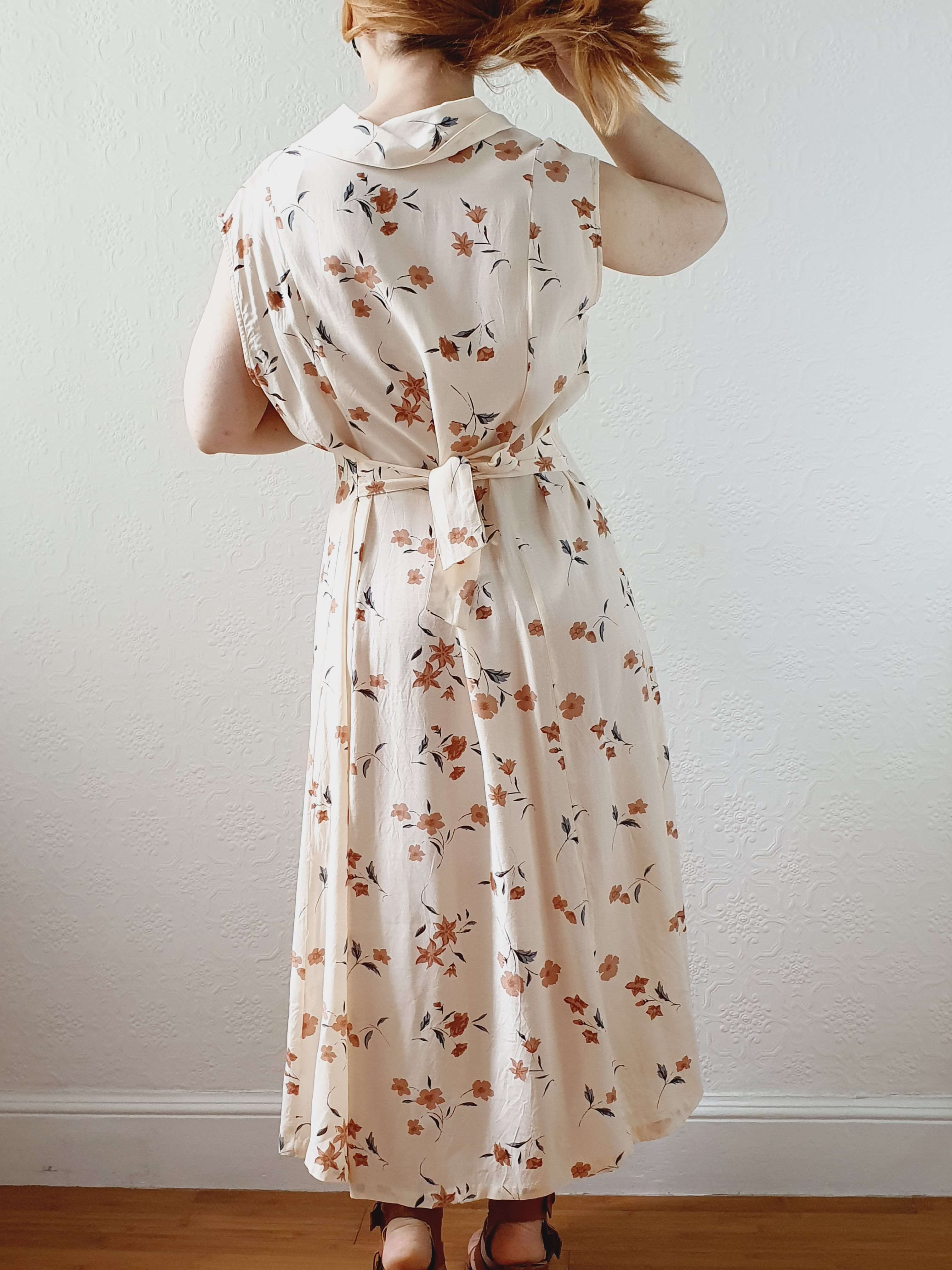 Vintage 90s Beige Floral Sleeveless Dress - L - Image 8