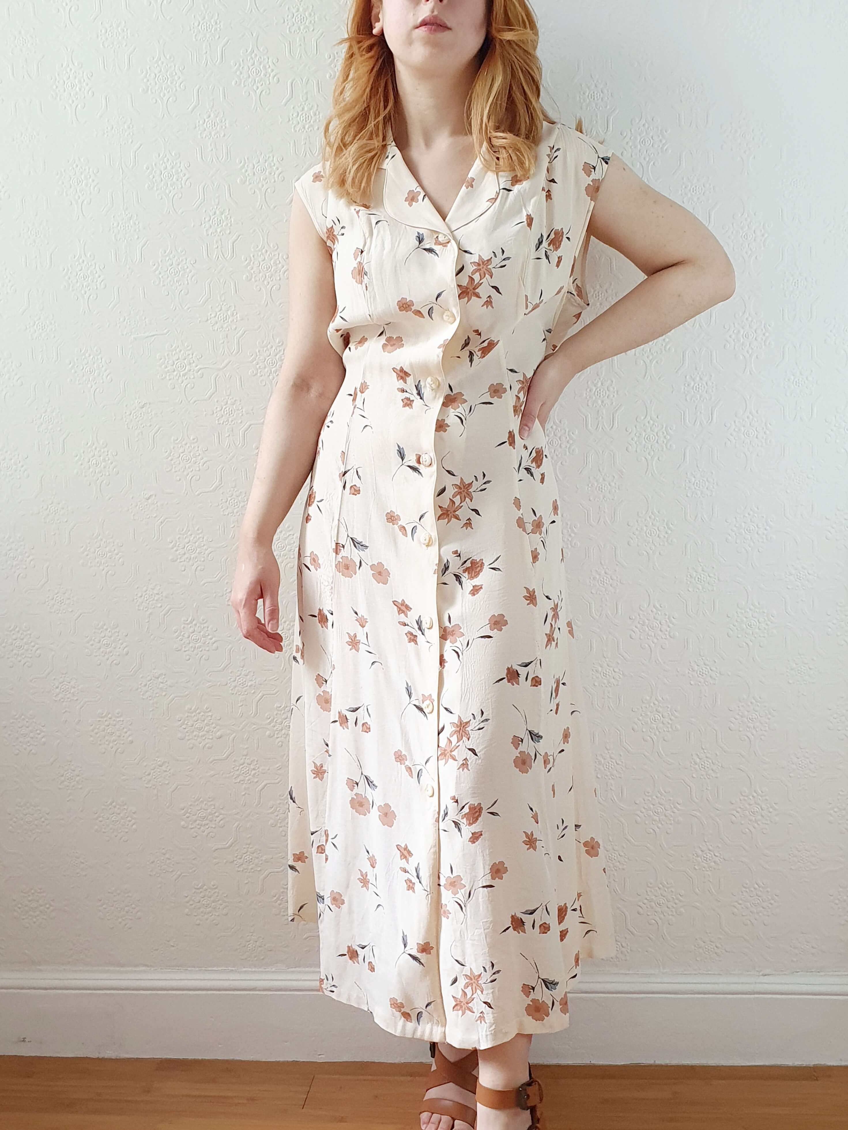 Vintage 90s Beige Floral Sleeveless Dress - L - Image 9