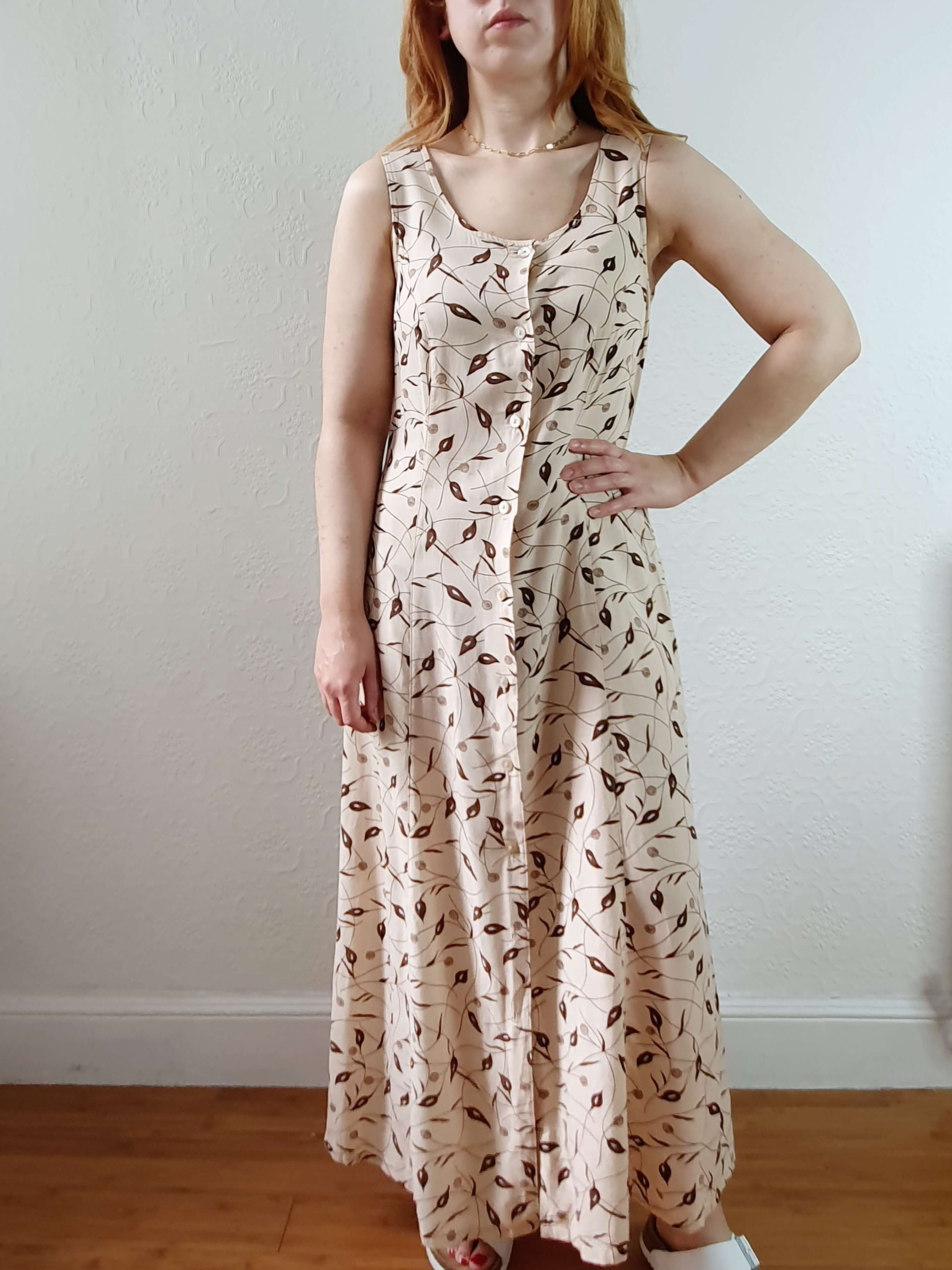Vintage 90s Beige Floral Sleeveless Maxi Dress - XS/S