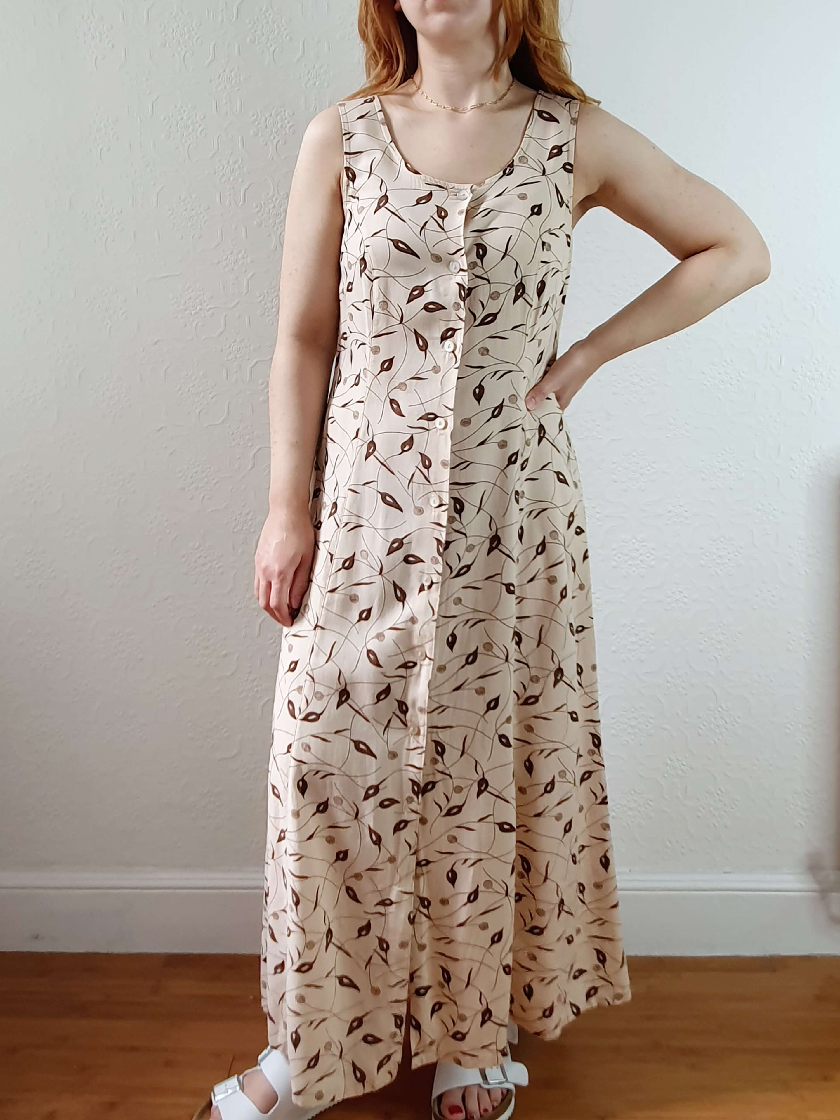 Vintage 90s Beige Floral Sleeveless Maxi Dress - XS/S - Image 3