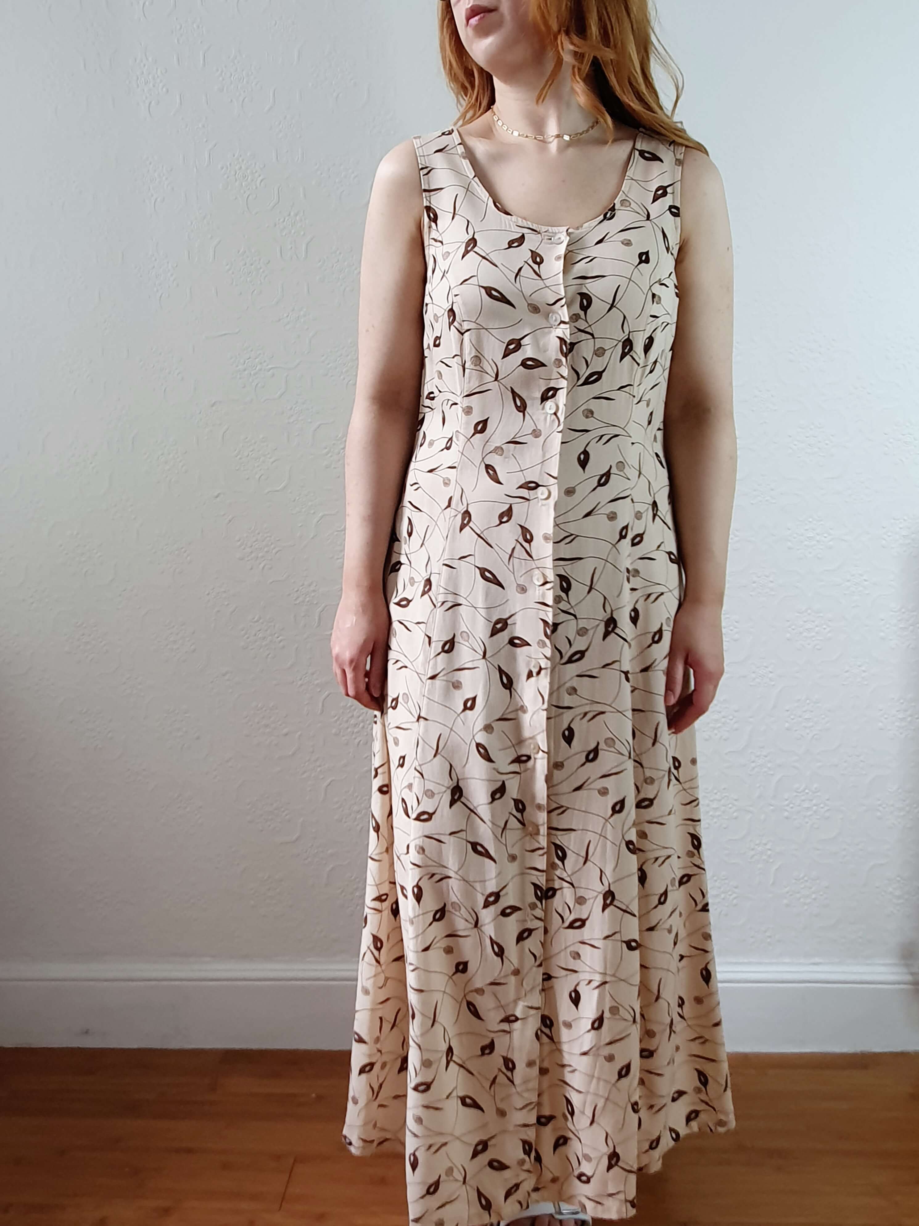Vintage 90s Beige Floral Sleeveless Maxi Dress - XS/S - Image 4