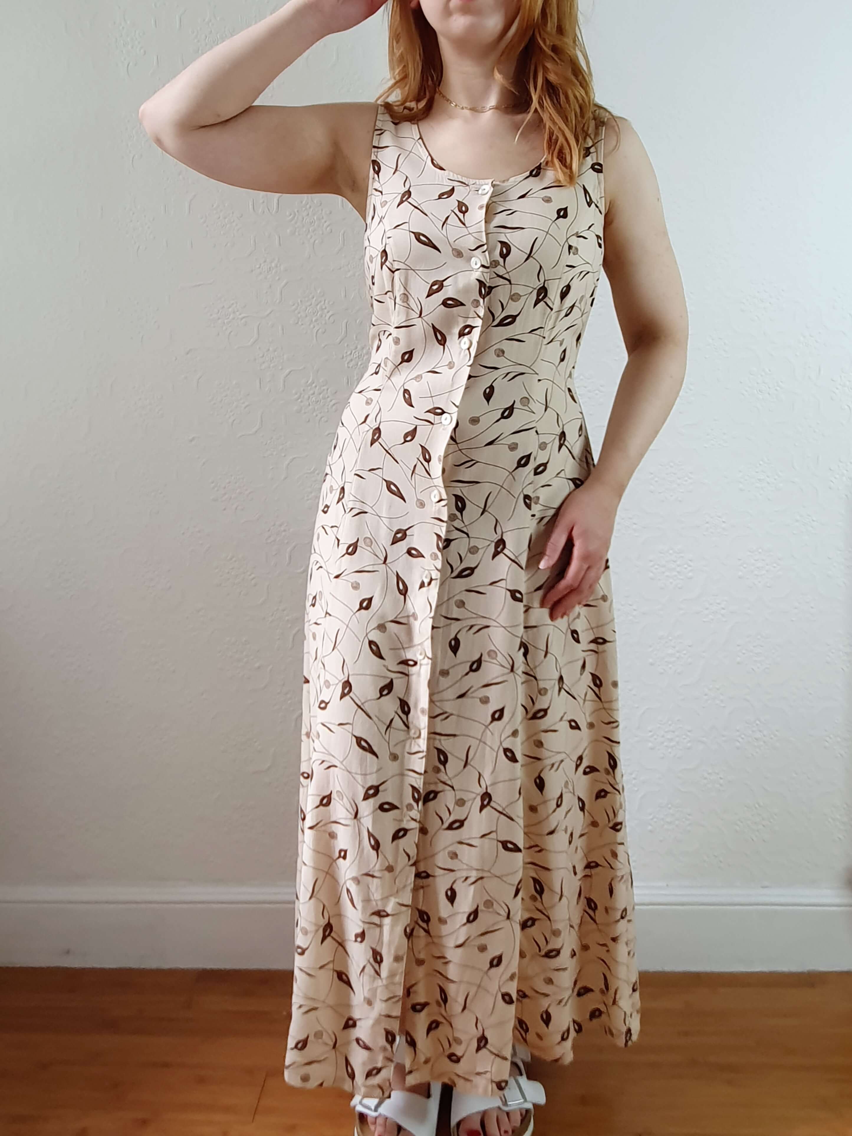 Vintage 90s Beige Floral Sleeveless Maxi Dress - XS/S - Image 7