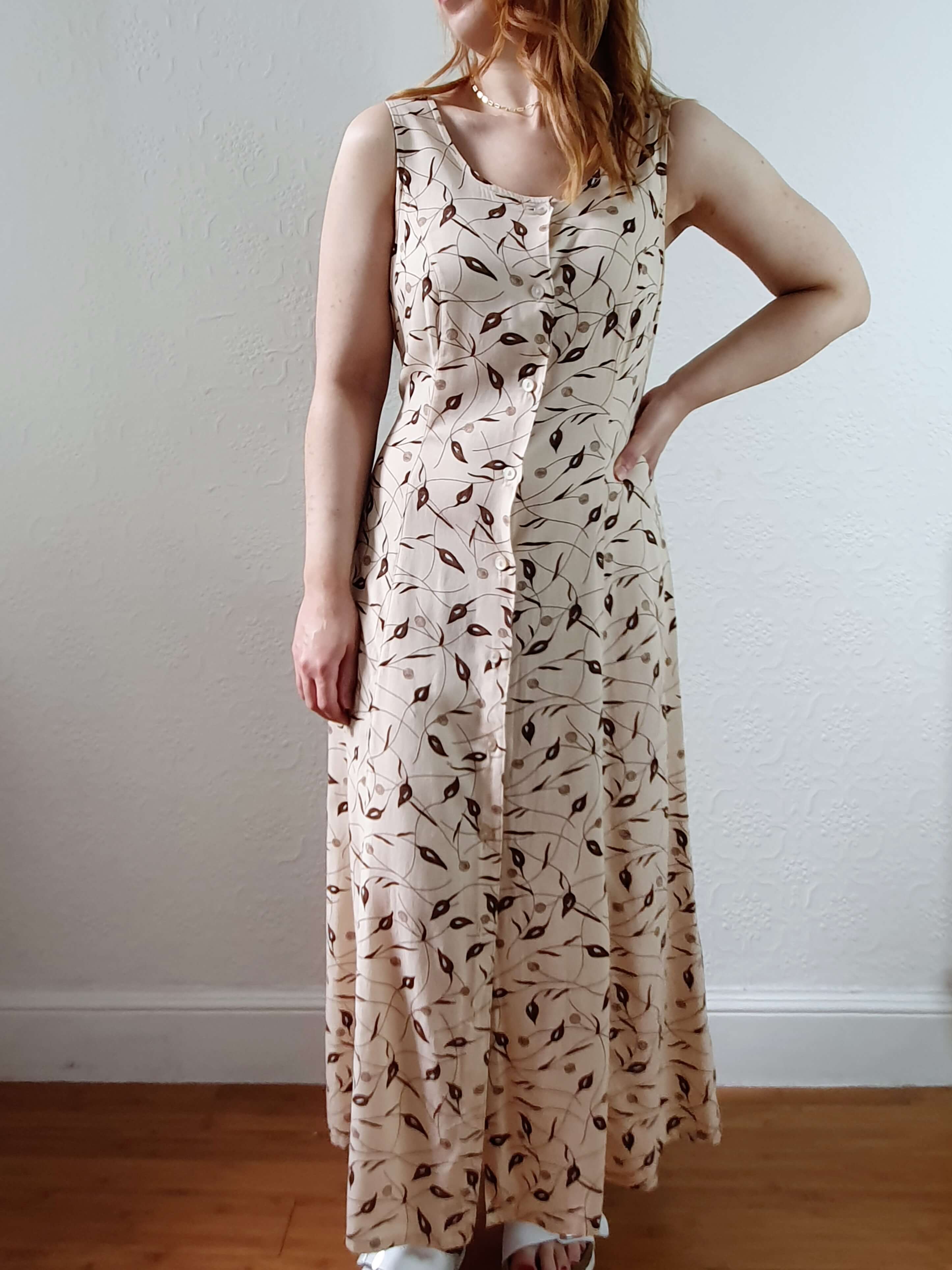 Vintage 90s Beige Floral Sleeveless Maxi Dress - XS/S - Image 8