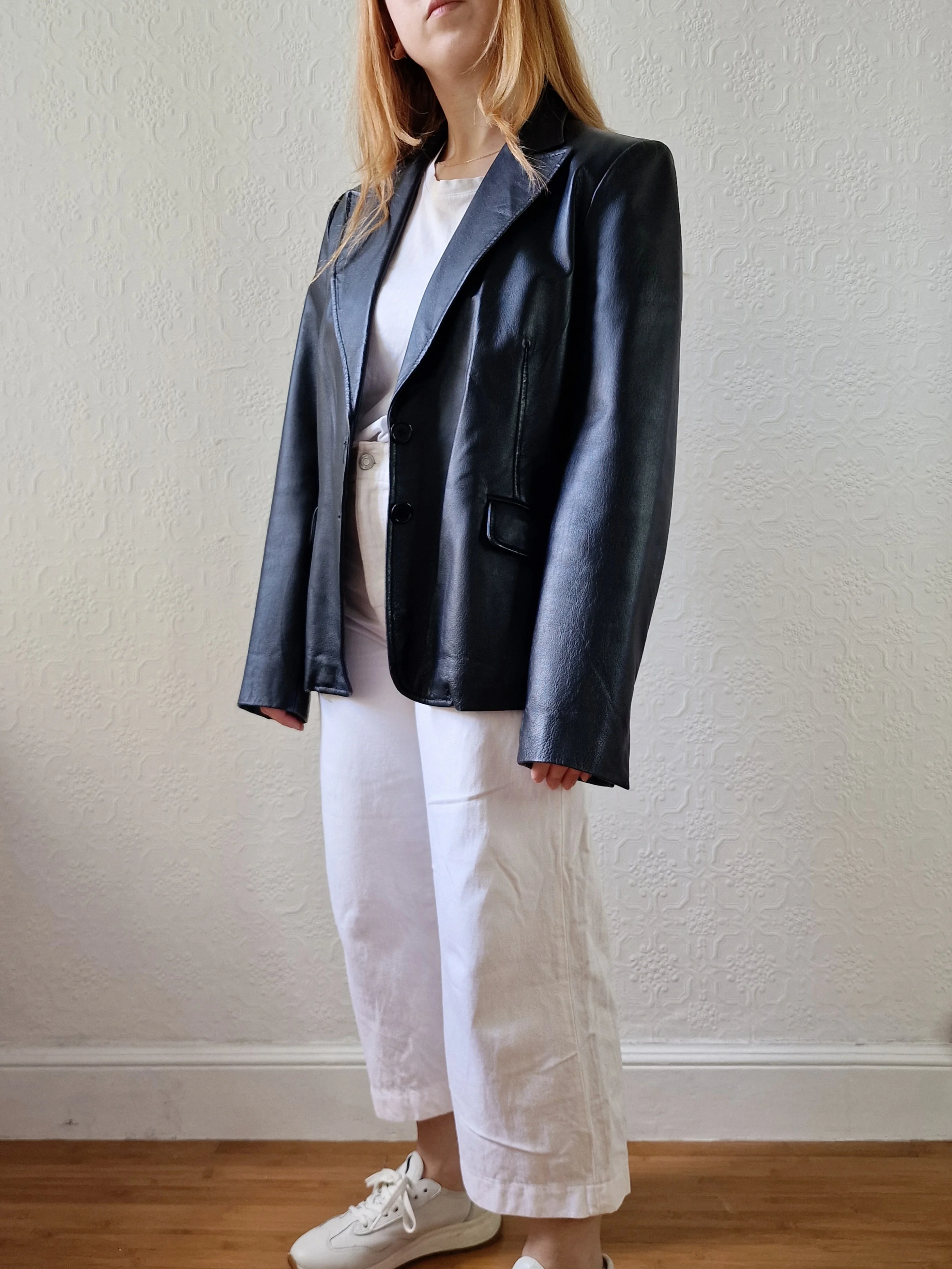 Vintage 90s Black 100% Genuine Leather Blazer Style Jacket - S - Image 3