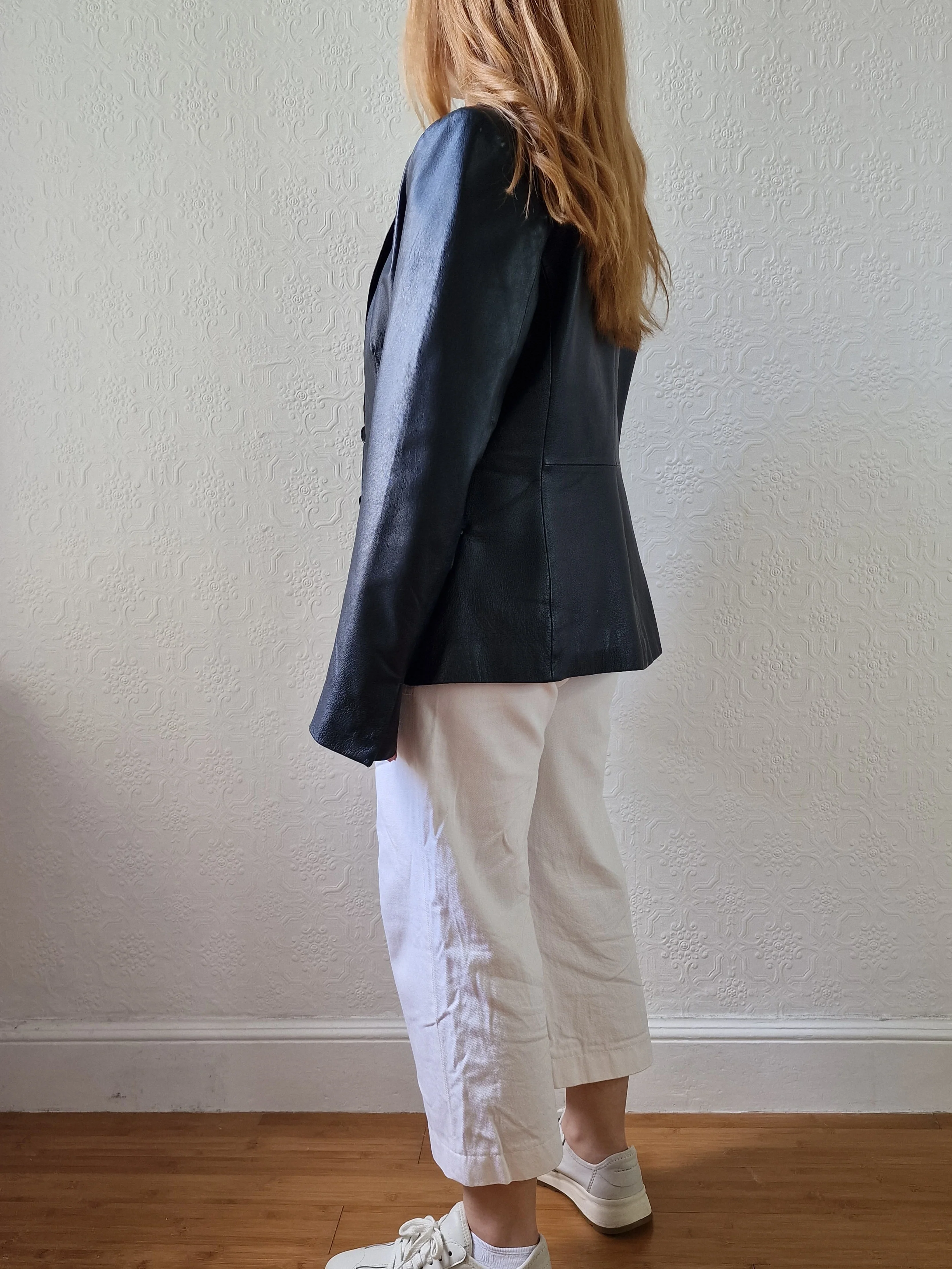 Vintage 90s Black 100% Genuine Leather Blazer Style Jacket - S - Image 4