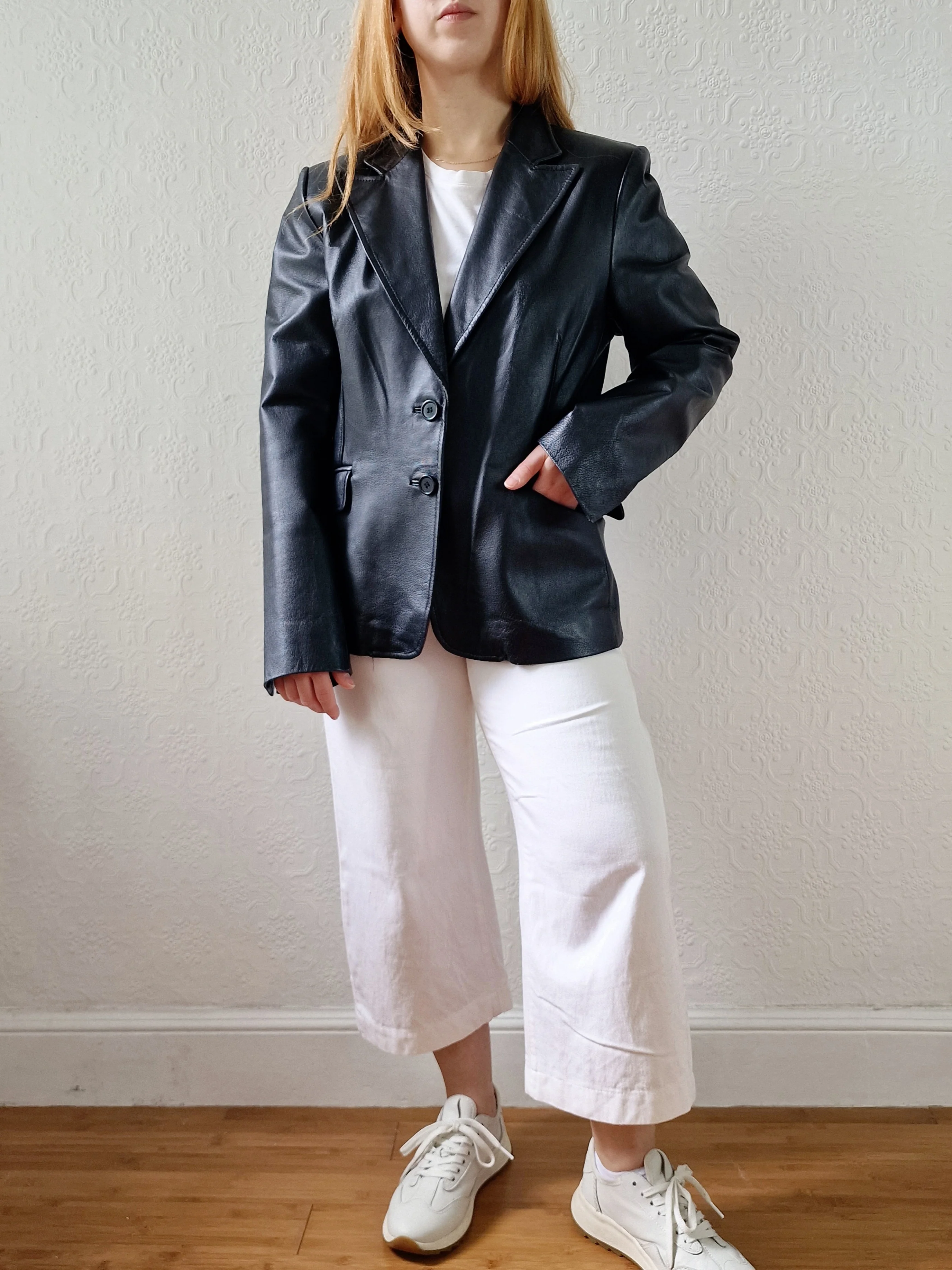 Vintage 90s Black 100% Genuine Leather Blazer Style Jacket - S - Image 7