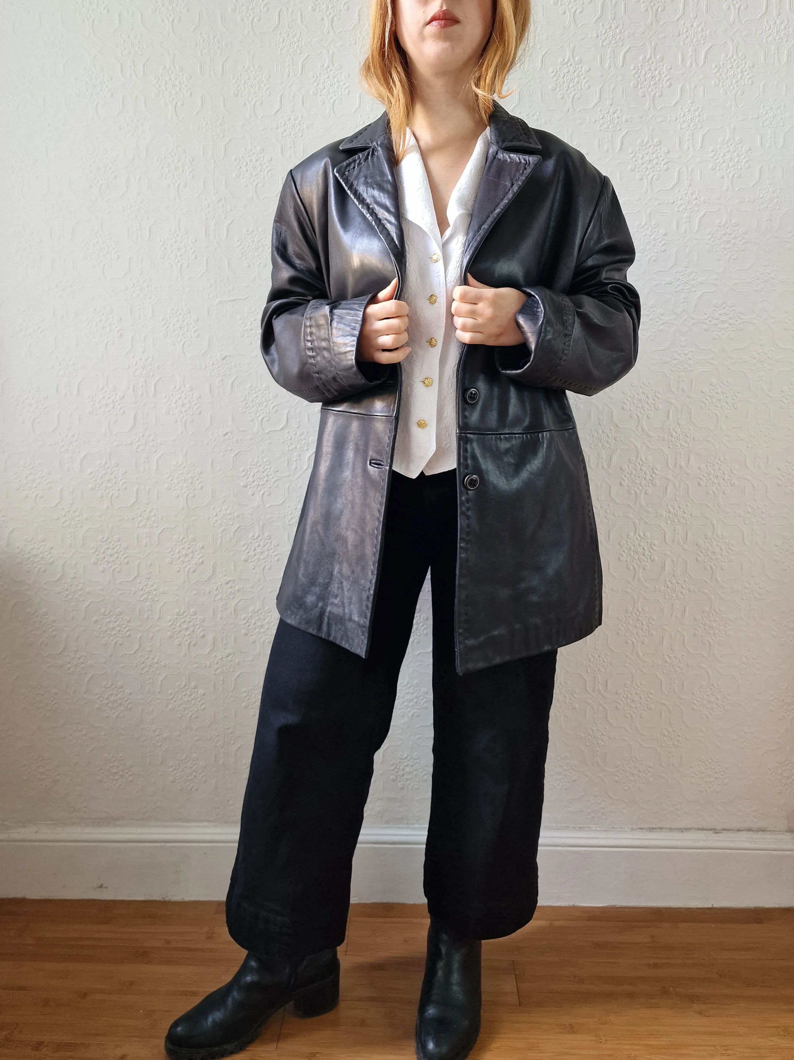 Vintage Black 100% Genuine Leather Blazer Style Jacket - L/XL