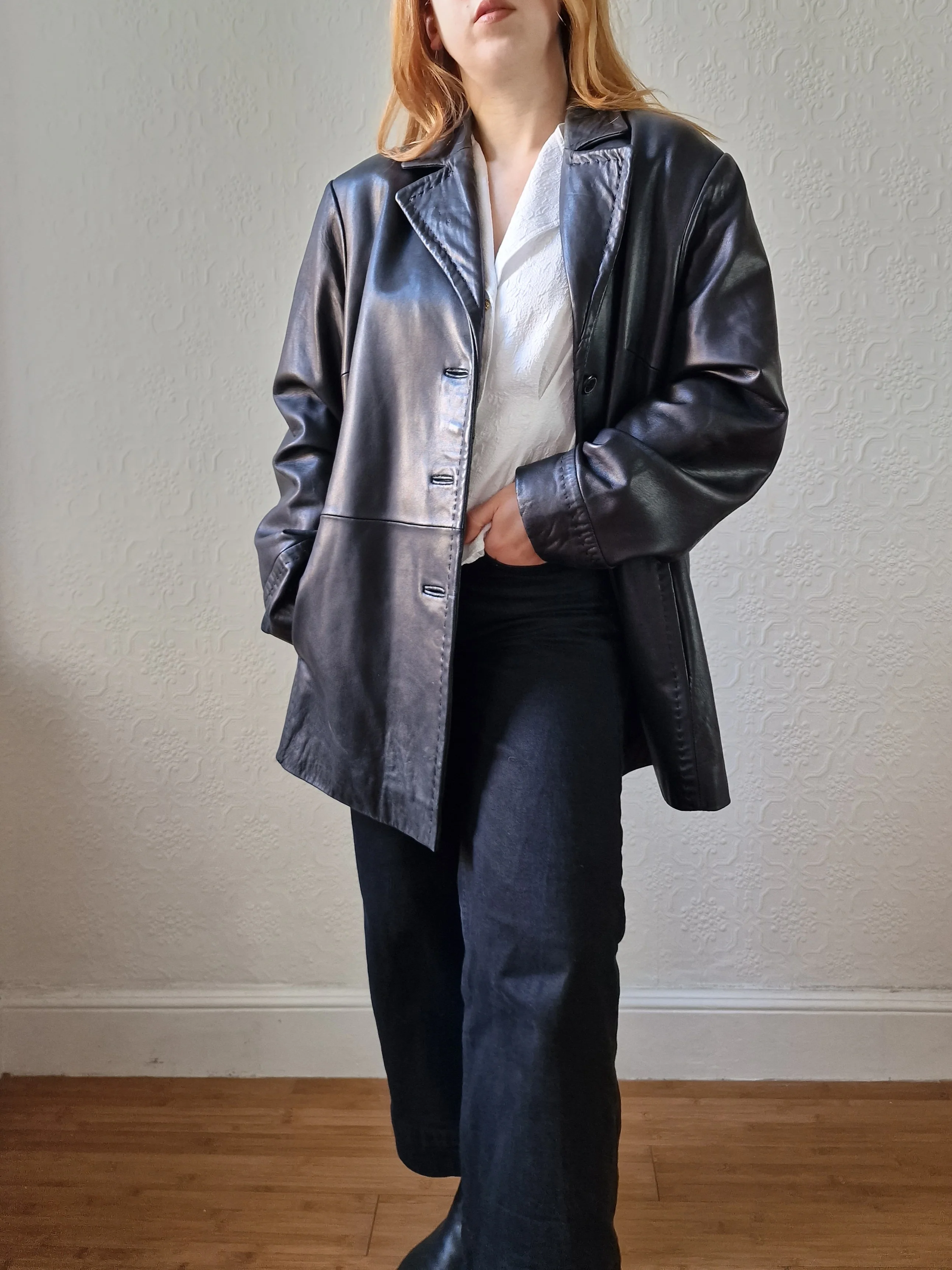 Vintage Black 100% Genuine Leather Blazer Style Jacket - L/XL - Image 10